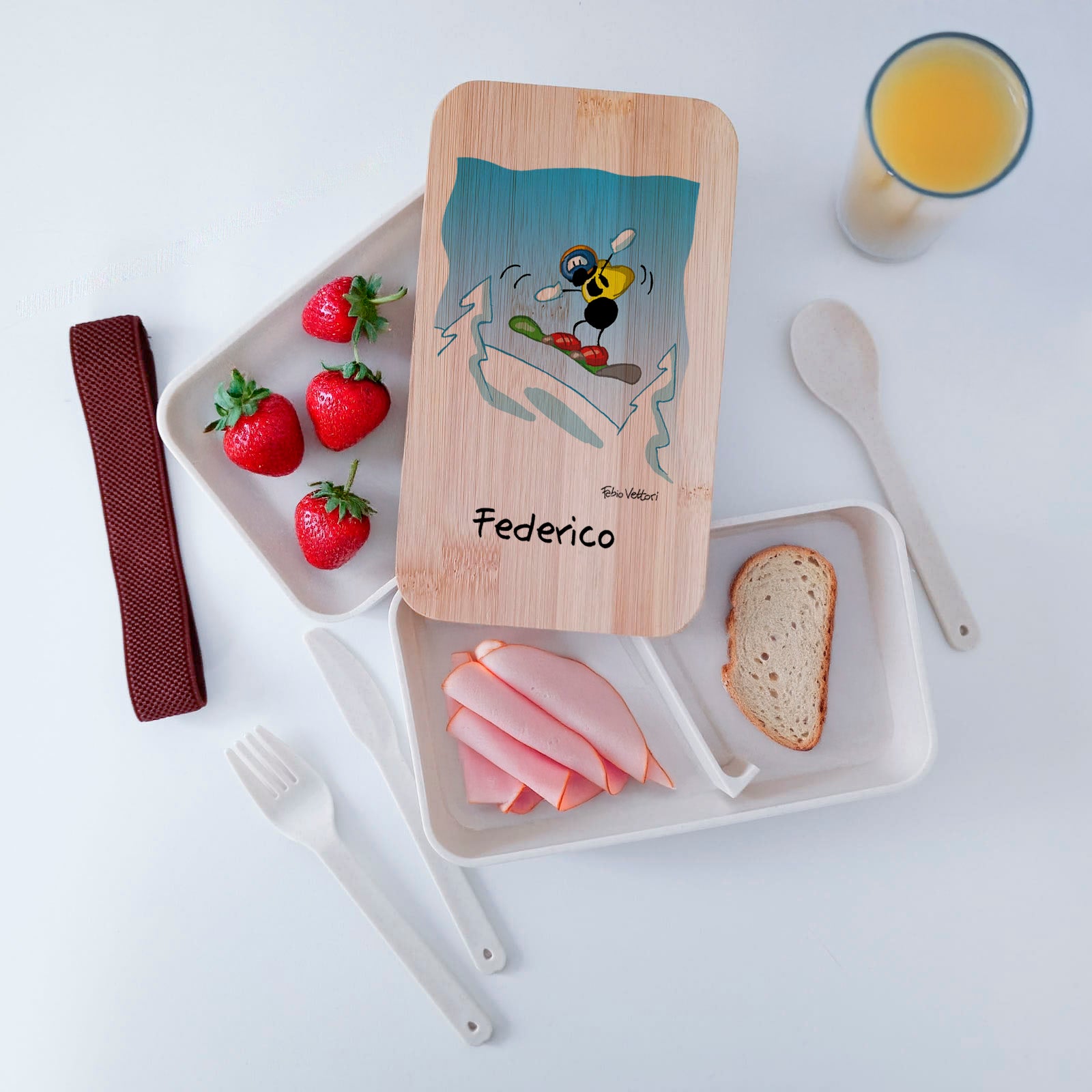 Scatola Porta Pranzo con coperchio in bambù e Posate Personalizzata soggetto "Snowboard"