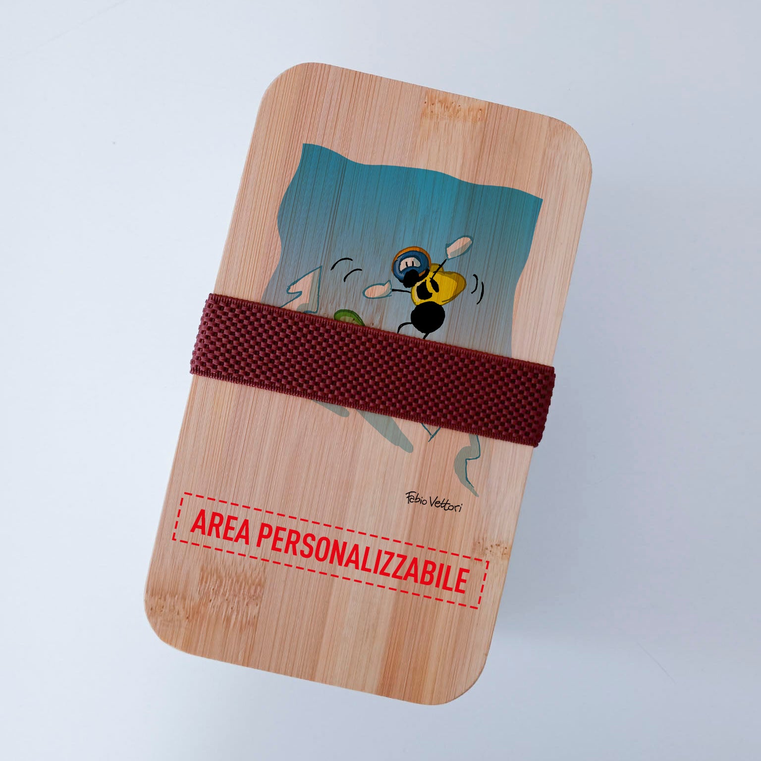 Scatola Porta Pranzo con coperchio in bambù e Posate Personalizzata soggetto "Snowboard"