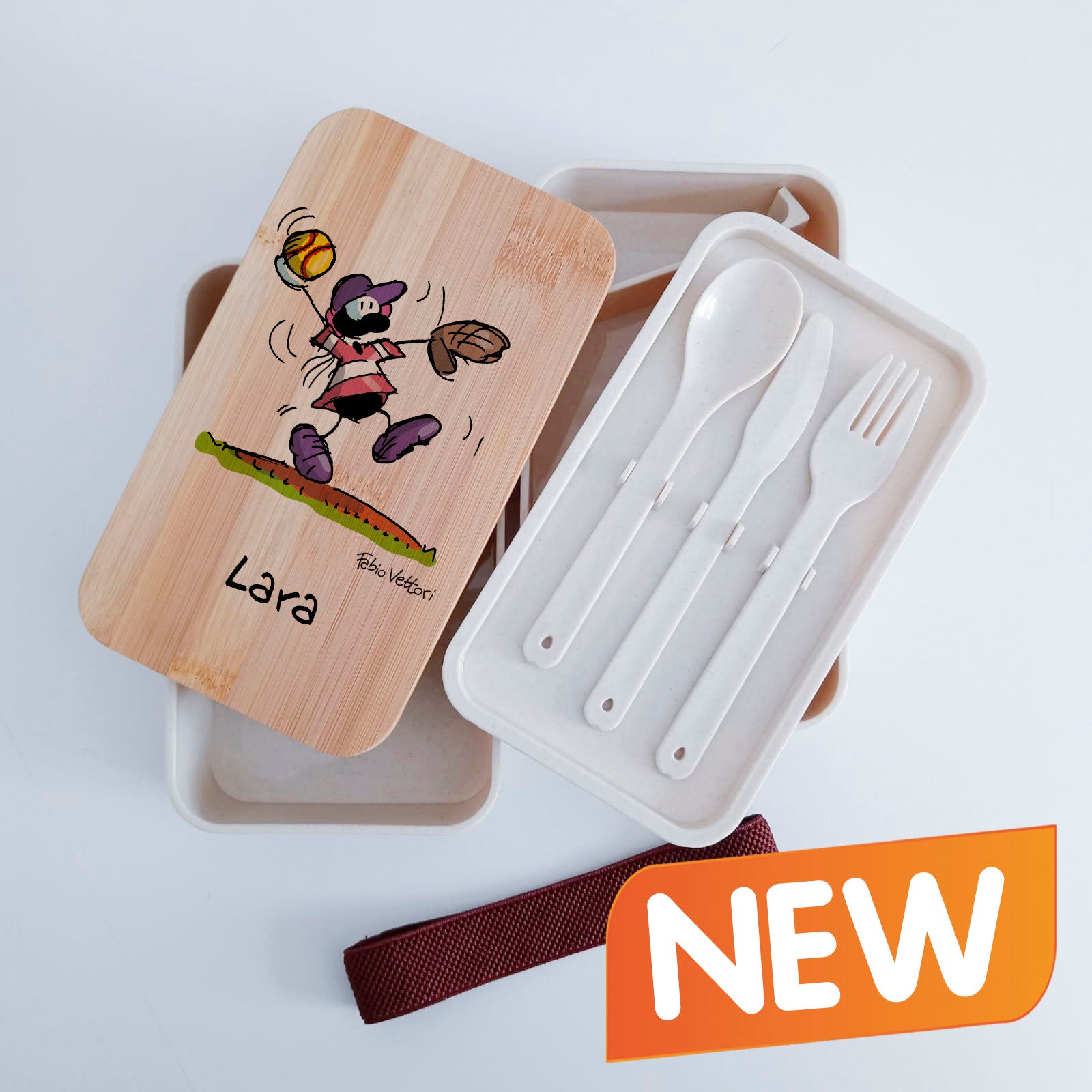Scatola Porta Pranzo con coperchio in bambù e Posate Personalizzata soggetto "Softball"
