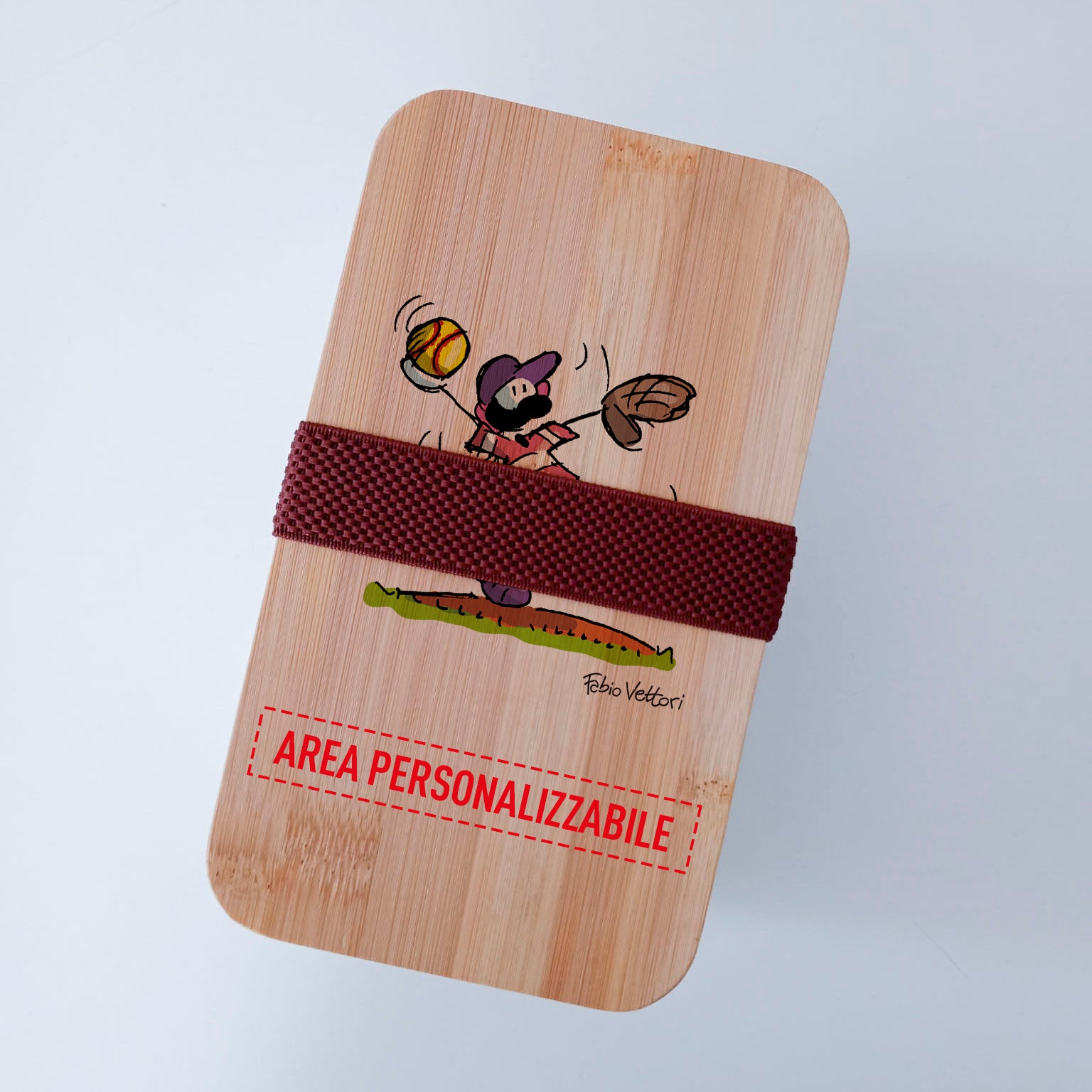 Scatola Porta Pranzo con coperchio in bambù e Posate Personalizzata soggetto "Softball"