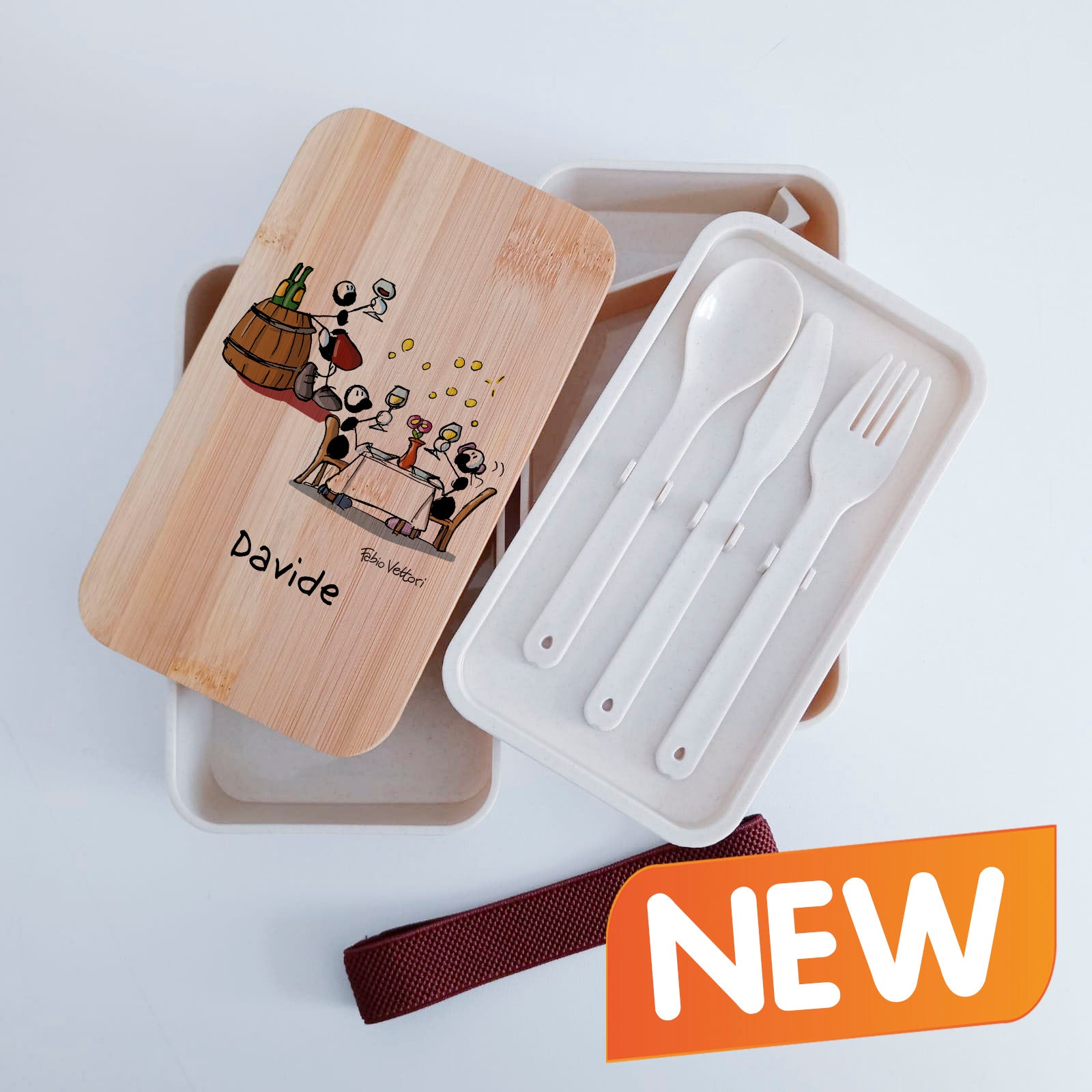 Scatola Porta Pranzo con coperchio in bambù e Posate Personalizzata soggetto "Sommelier"