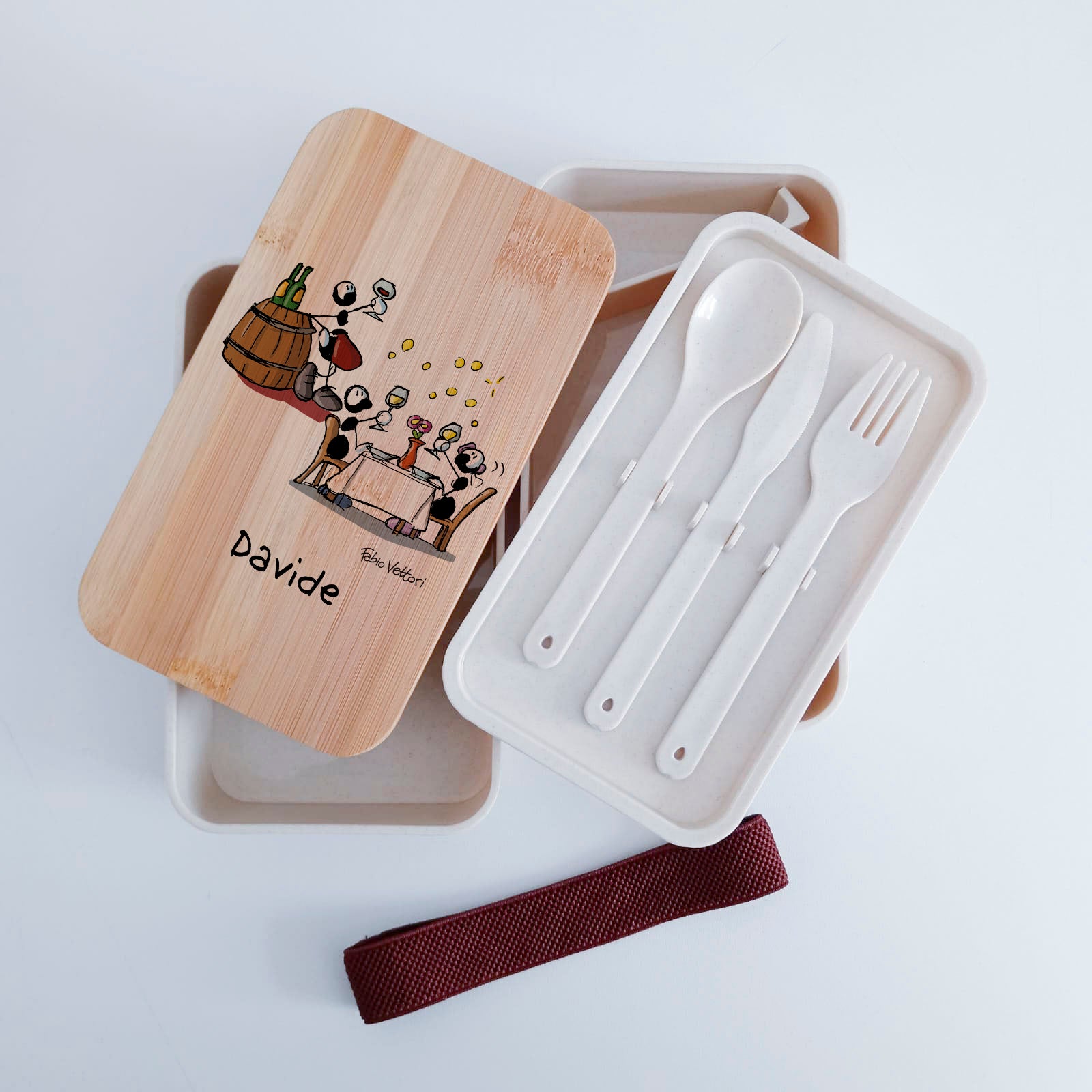 Scatola Porta Pranzo con coperchio in bambù e Posate Personalizzata soggetto "Sommelier"