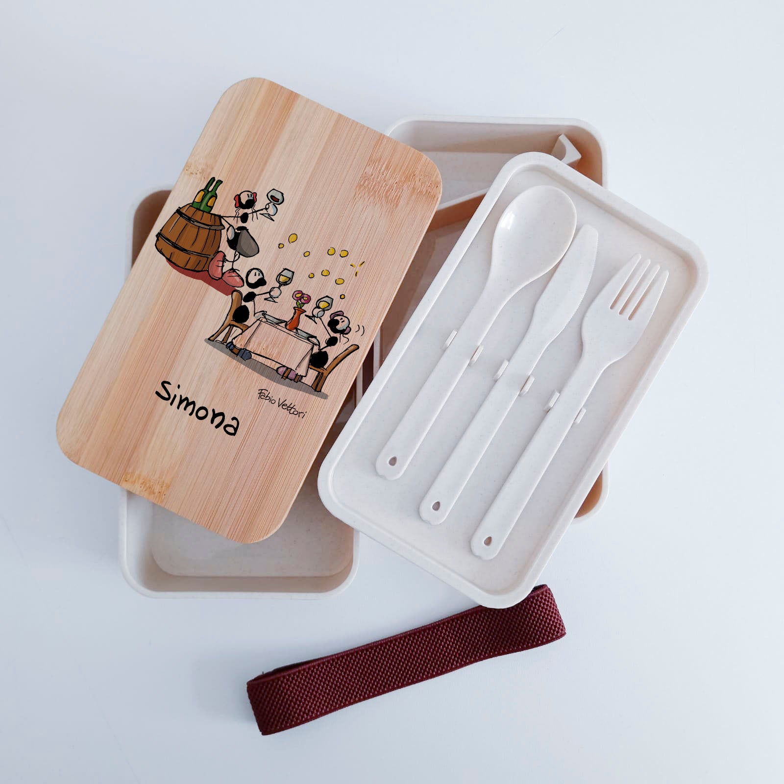 Scatola Porta Pranzo con coperchio in bambù e Posate Personalizzata soggetto "Sommelier"