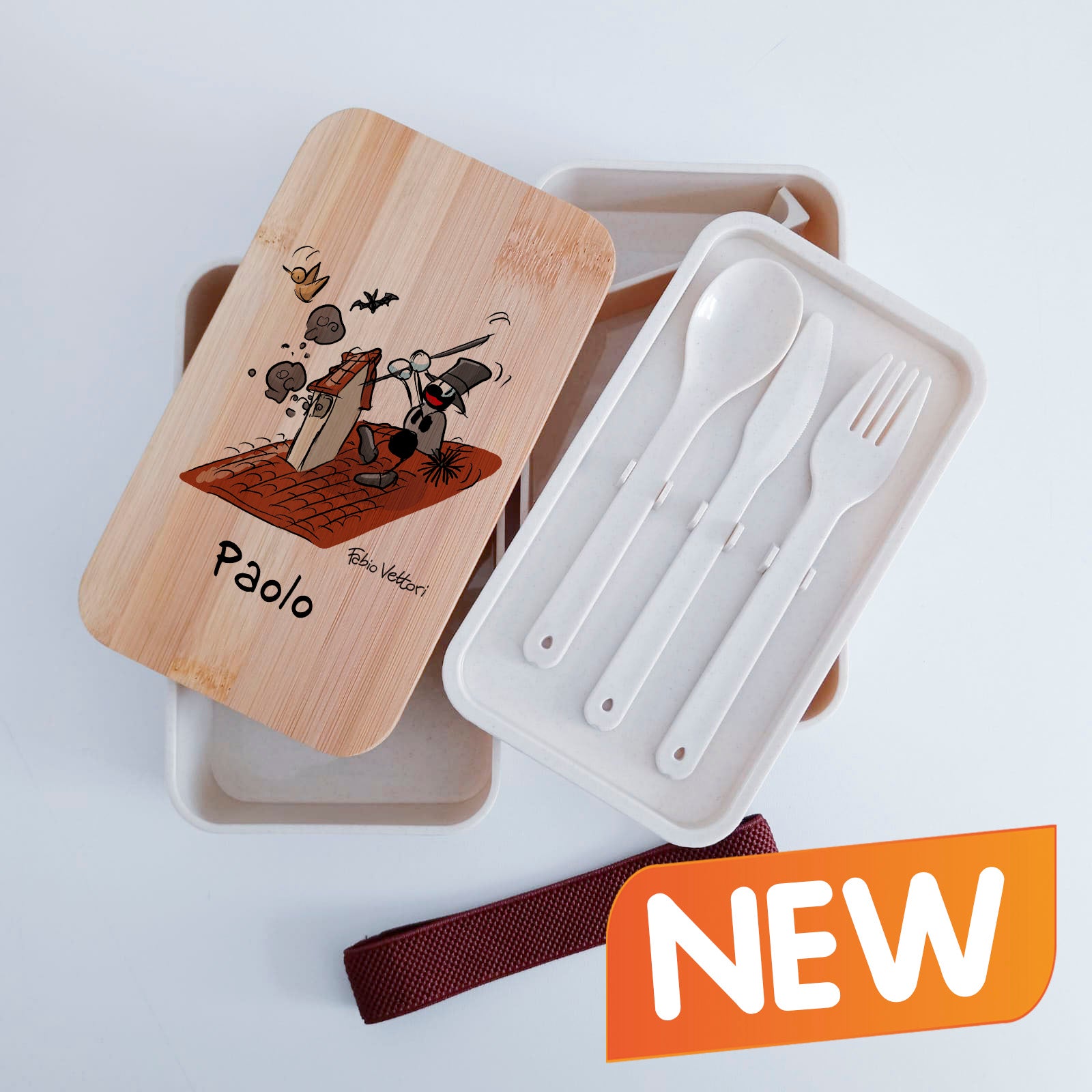 Scatola Porta Pranzo con coperchio in bambù e Posate Personalizzata soggetto "Spazzacamino"