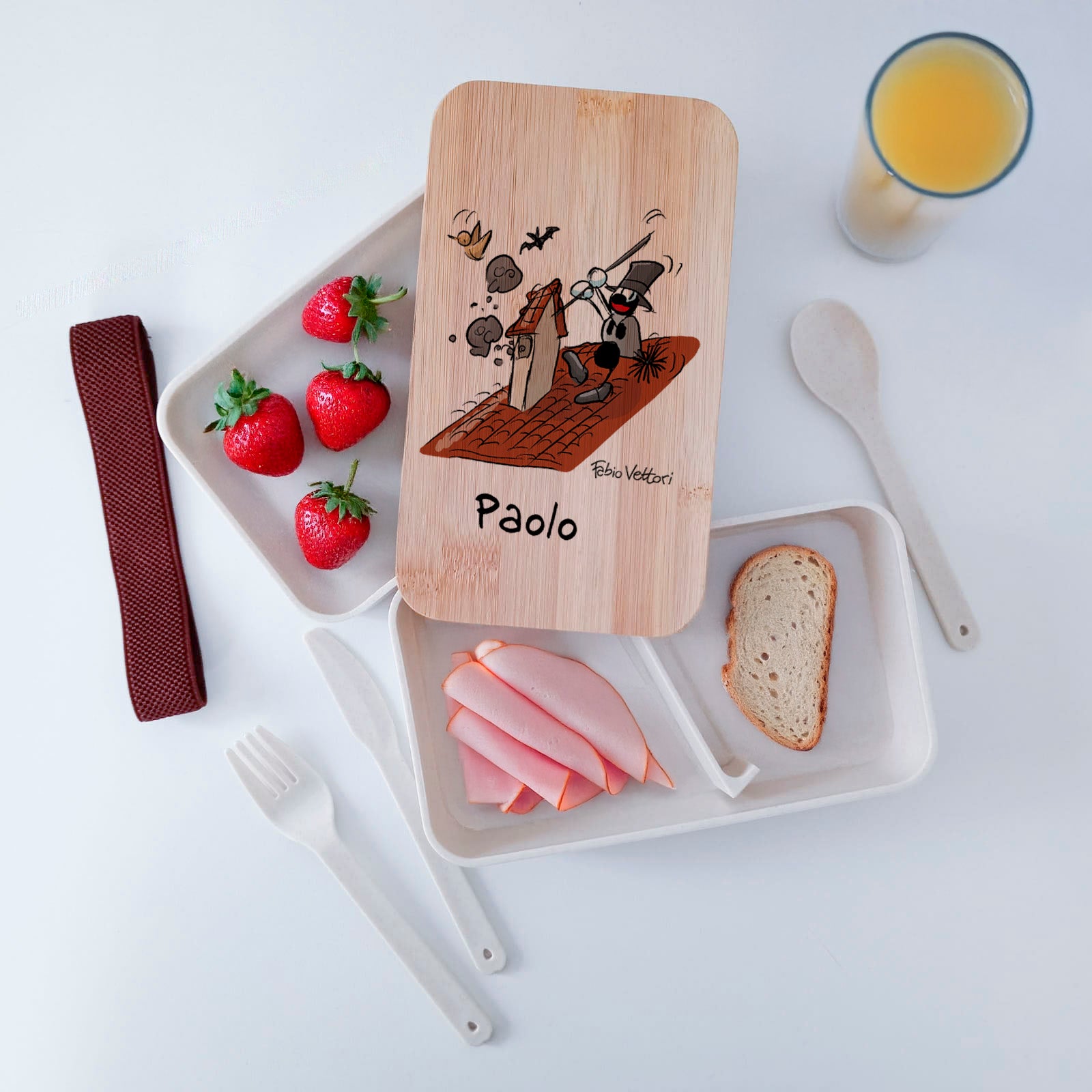 Scatola Porta Pranzo con coperchio in bambù e Posate Personalizzata soggetto "Spazzacamino"