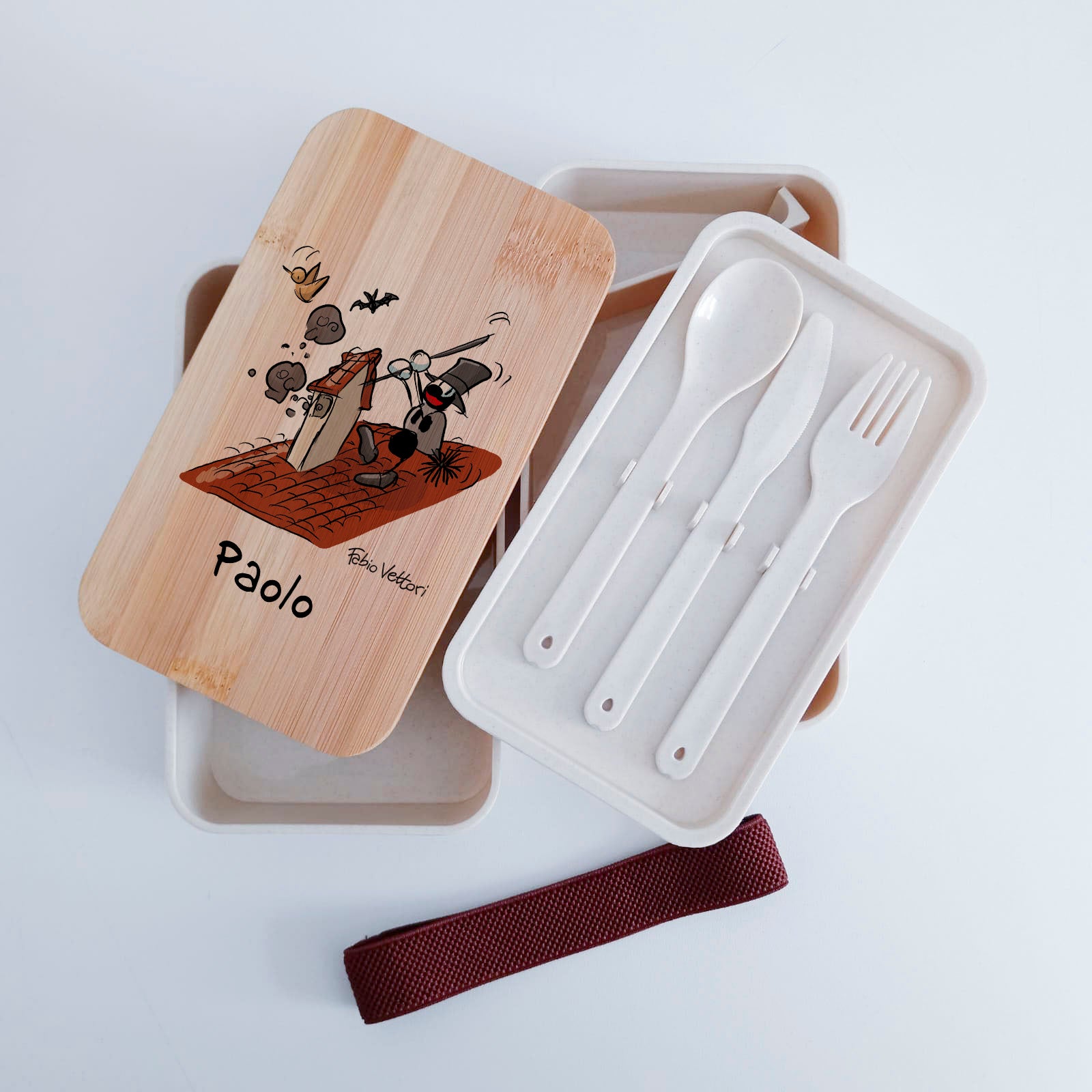 Scatola Porta Pranzo con coperchio in bambù e Posate Personalizzata soggetto "Spazzacamino"