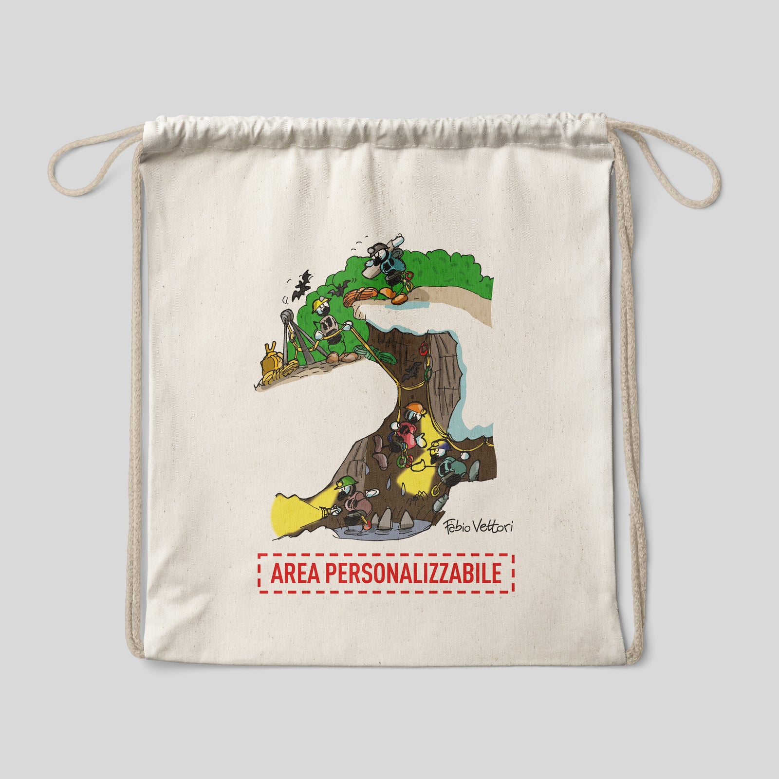 Sacca zaino personalizzata in cotone soggetto "Speleologi"