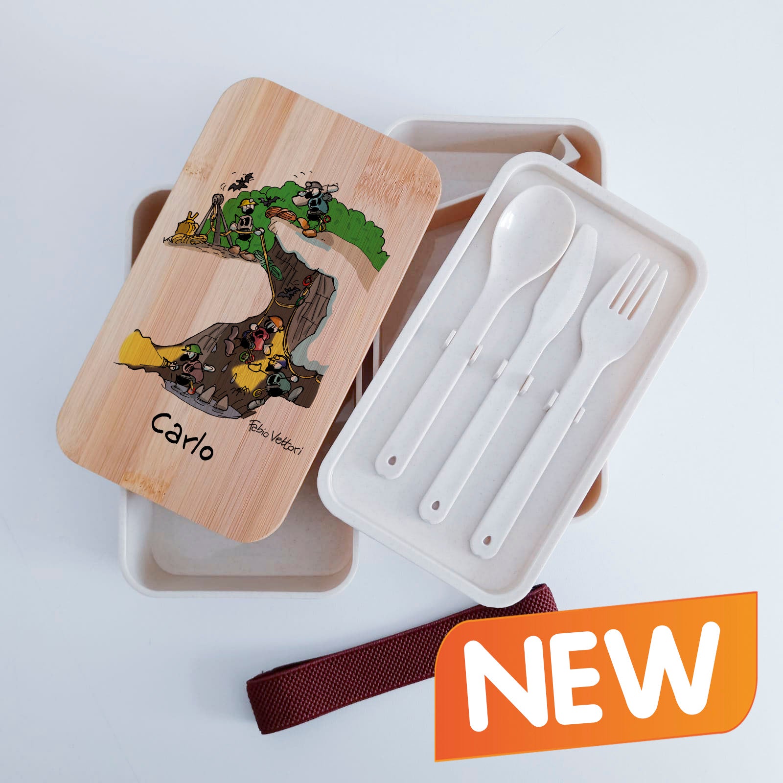 Scatola Porta Pranzo con coperchio in bambù e Posate Personalizzata soggetto "Speleologo"
