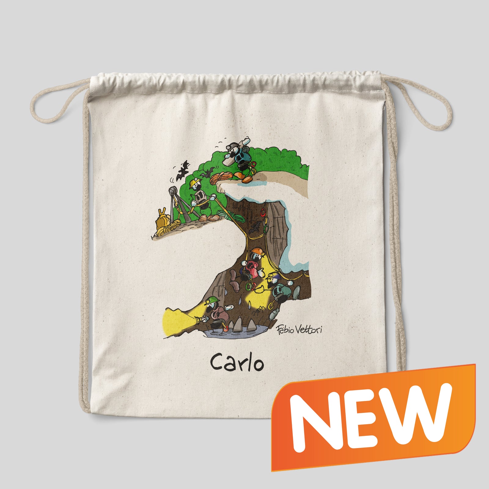 Sacca zaino personalizzata in cotone soggetto "Speleologi"