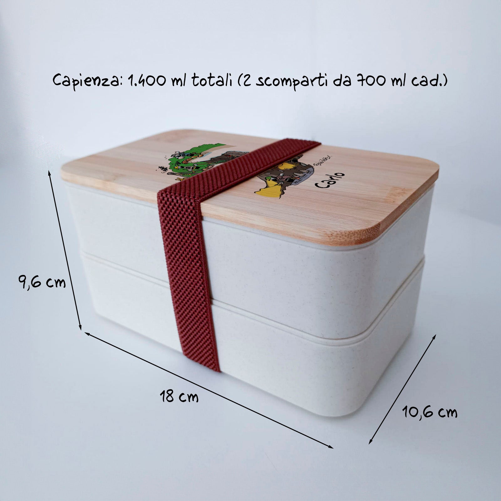 Scatola Porta Pranzo con coperchio in bambù e Posate Personalizzata soggetto "Speleologo"