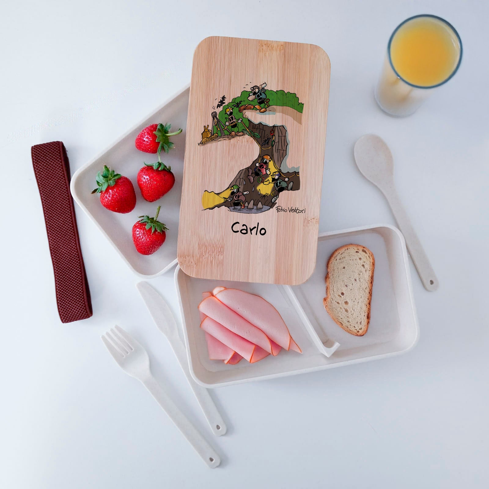 Scatola Porta Pranzo con coperchio in bambù e Posate Personalizzata soggetto "Speleologo"