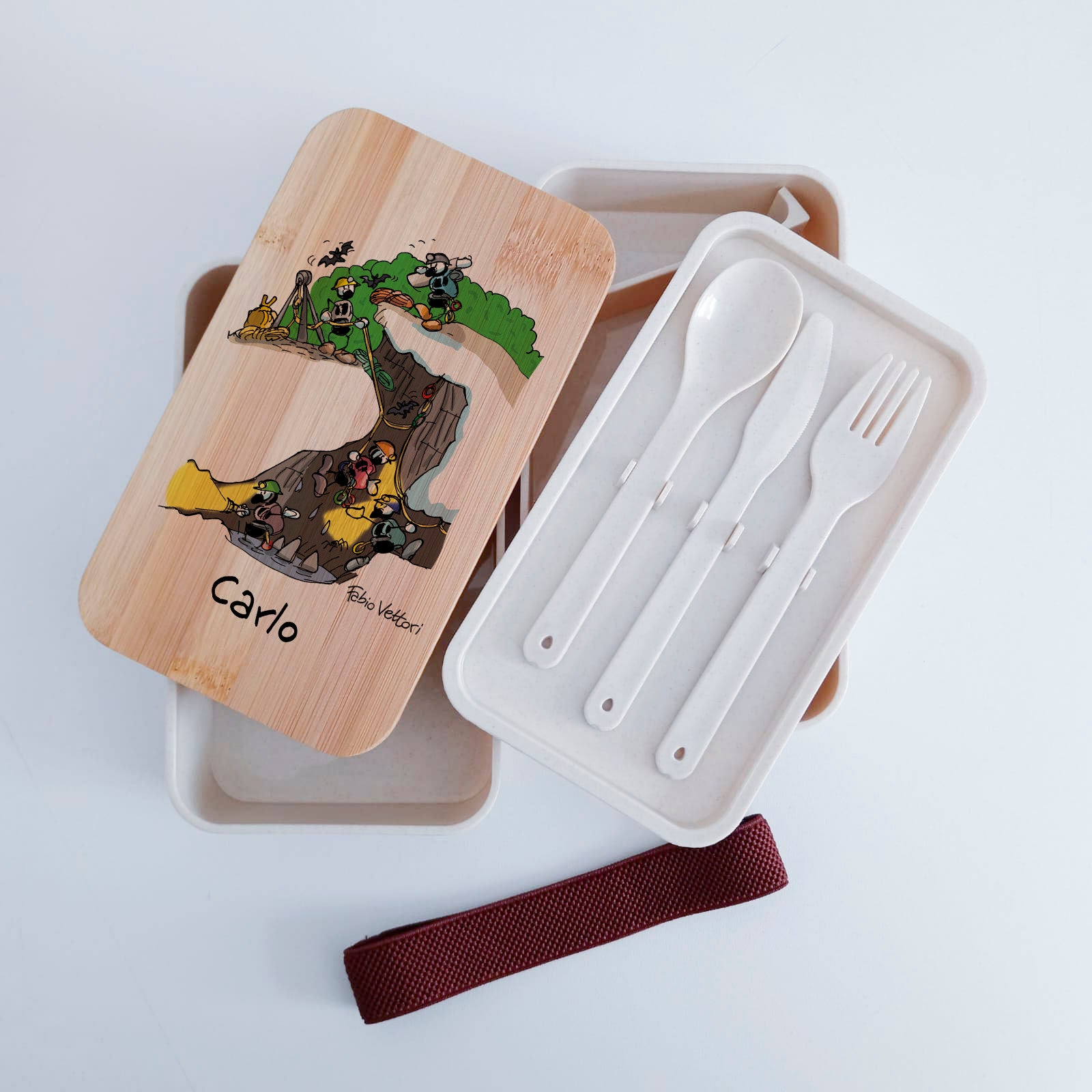 Scatola Porta Pranzo con coperchio in bambù e Posate Personalizzata soggetto "Speleologo"