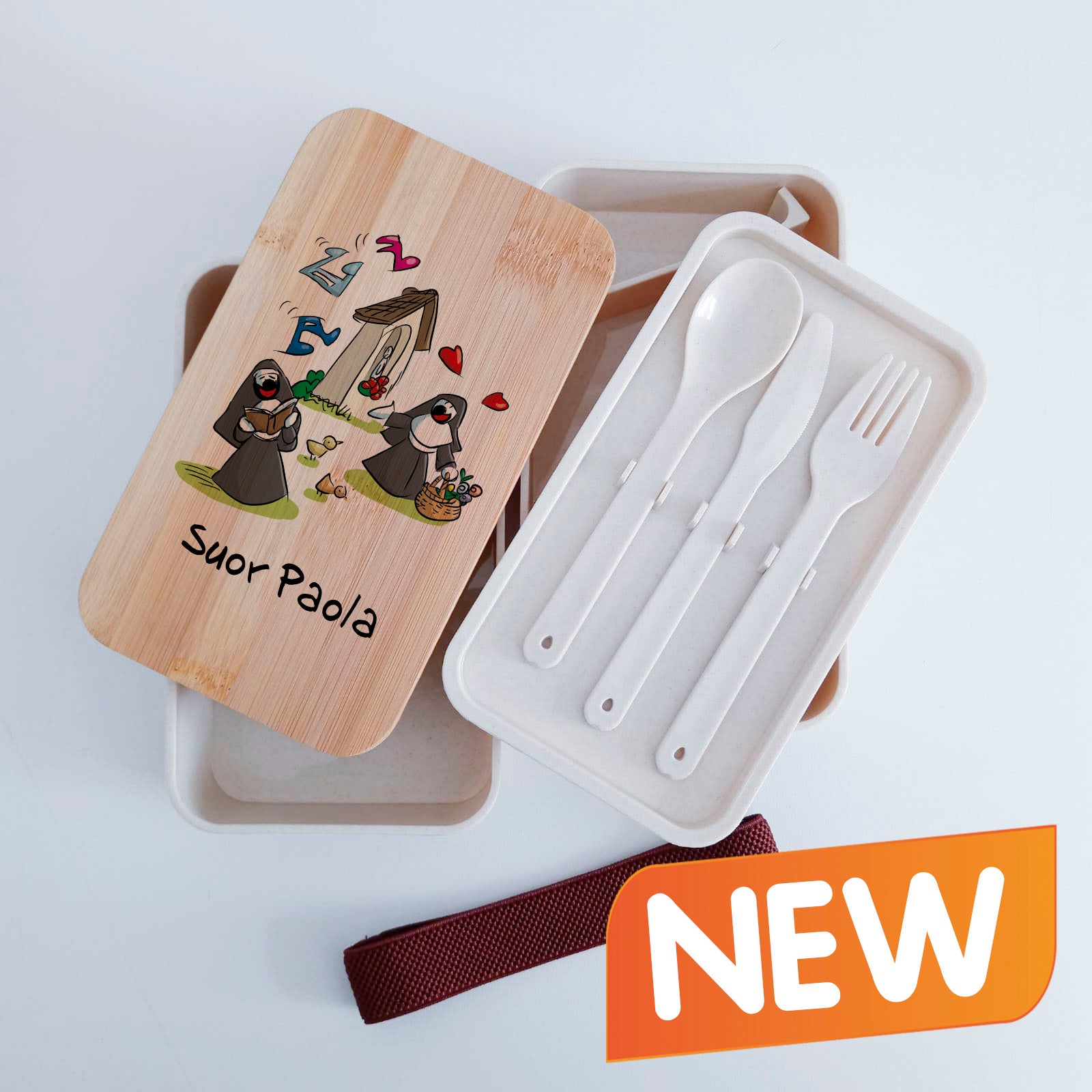 Scatola Porta Pranzo con coperchio in bambù e Posate Personalizzata soggetto "Suore"