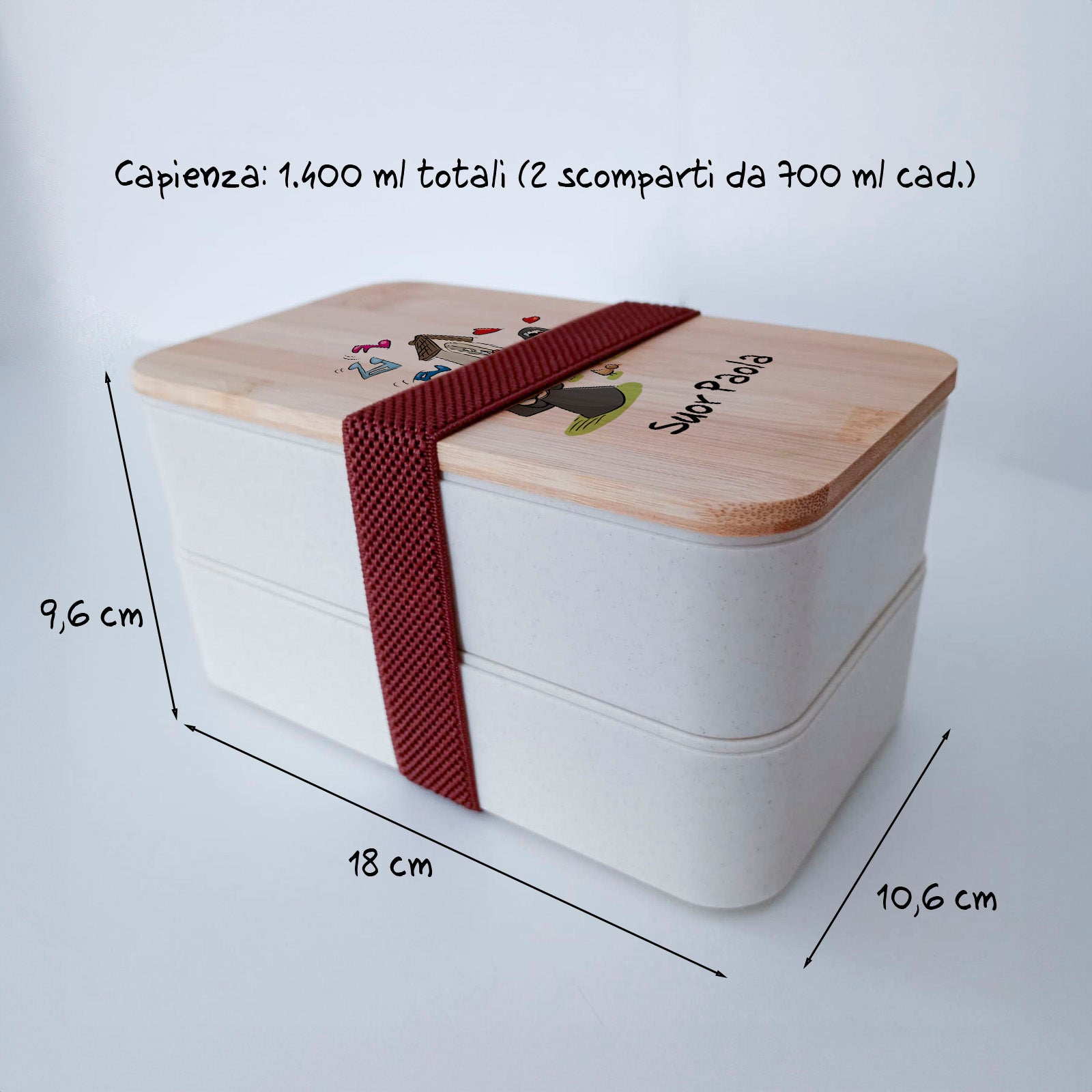 Scatola Porta Pranzo con coperchio in bambù e Posate Personalizzata soggetto "Suore"