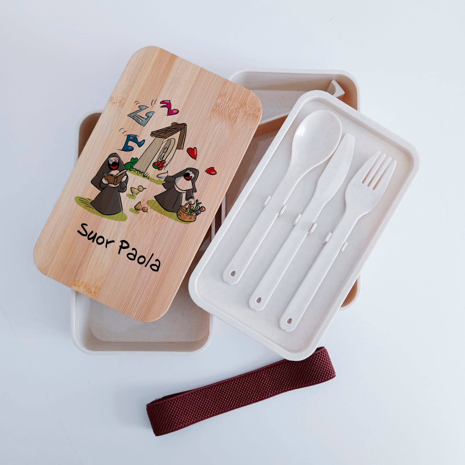 Scatola Porta Pranzo con coperchio in bambù e Posate Personalizzata soggetto "Suore"