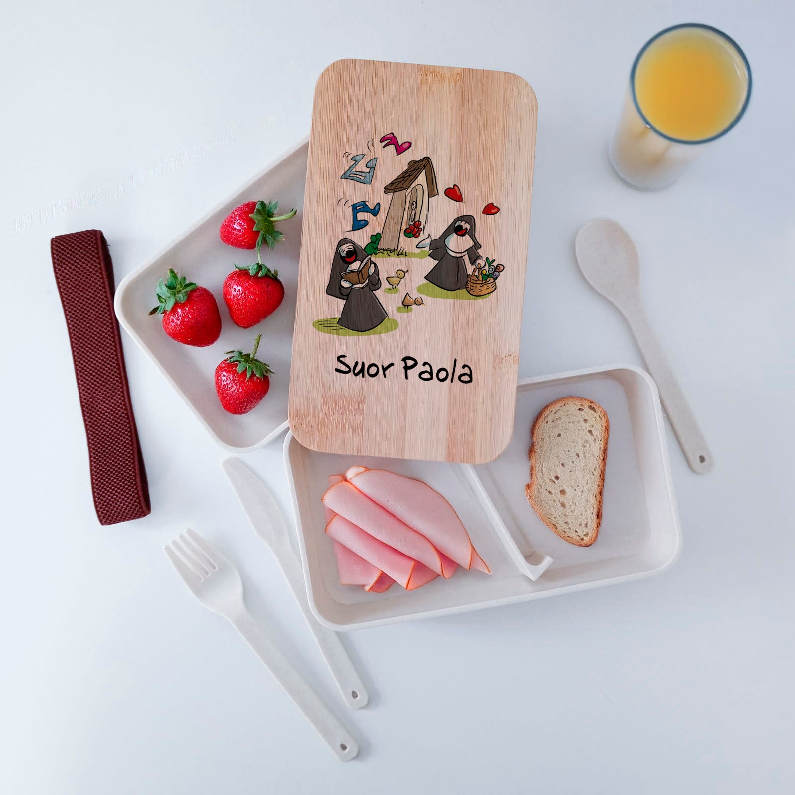 Scatola Porta Pranzo con coperchio in bambù e Posate Personalizzata soggetto "Suore"