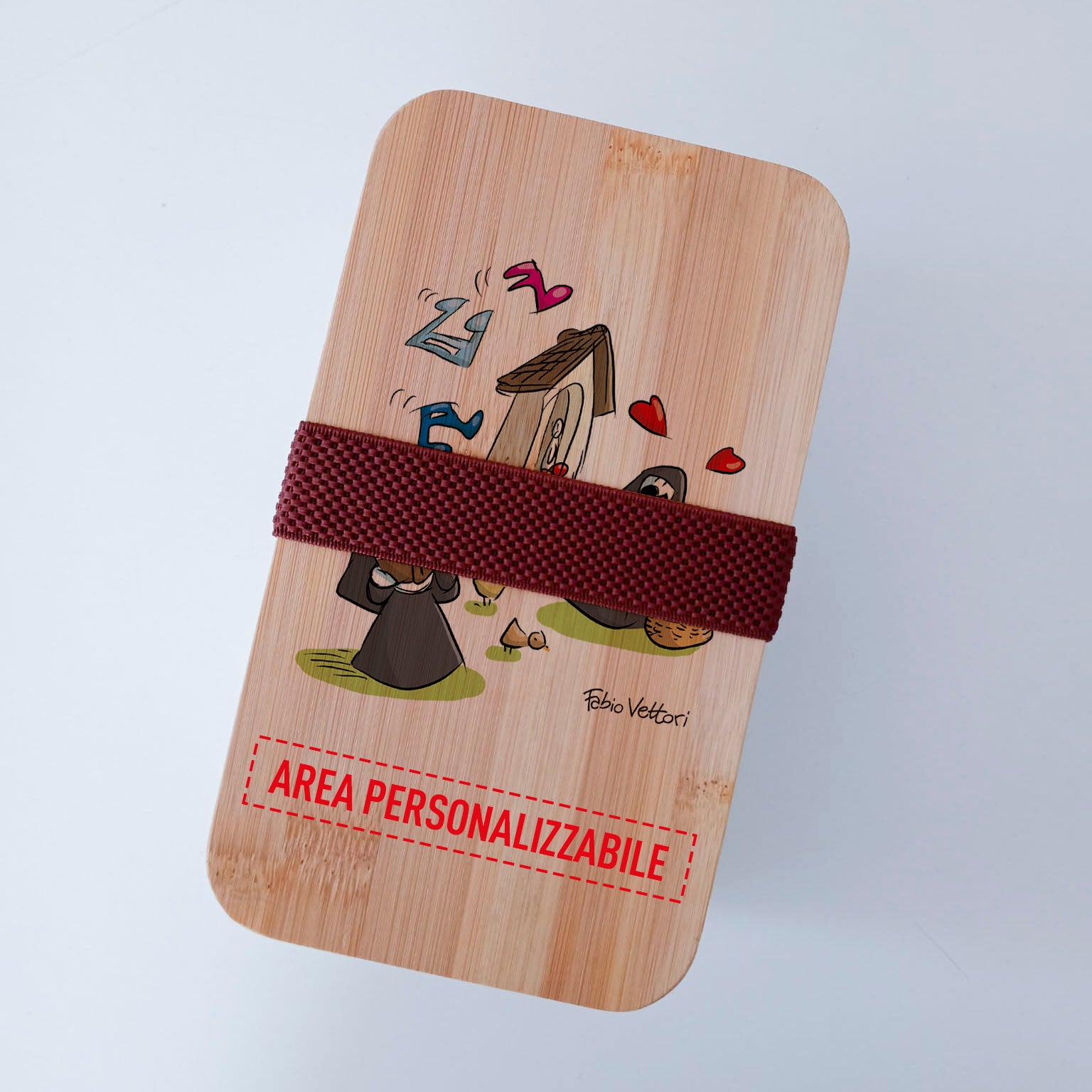 Scatola Porta Pranzo con coperchio in bambù e Posate Personalizzata soggetto "Suore"