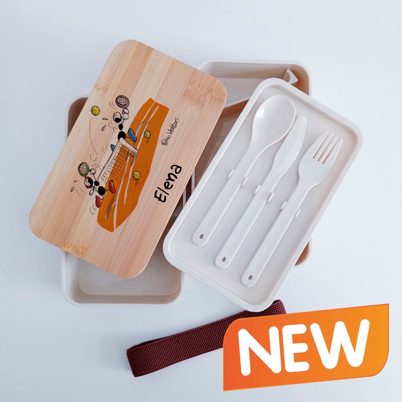 Scatola Porta Pranzo con coperchio in bambù e Posate Personalizzata soggetto "Tennis"