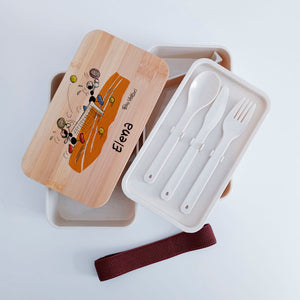 Scatola Porta Pranzo con coperchio in bambù e Posate Personalizzata soggetto "Tennis"