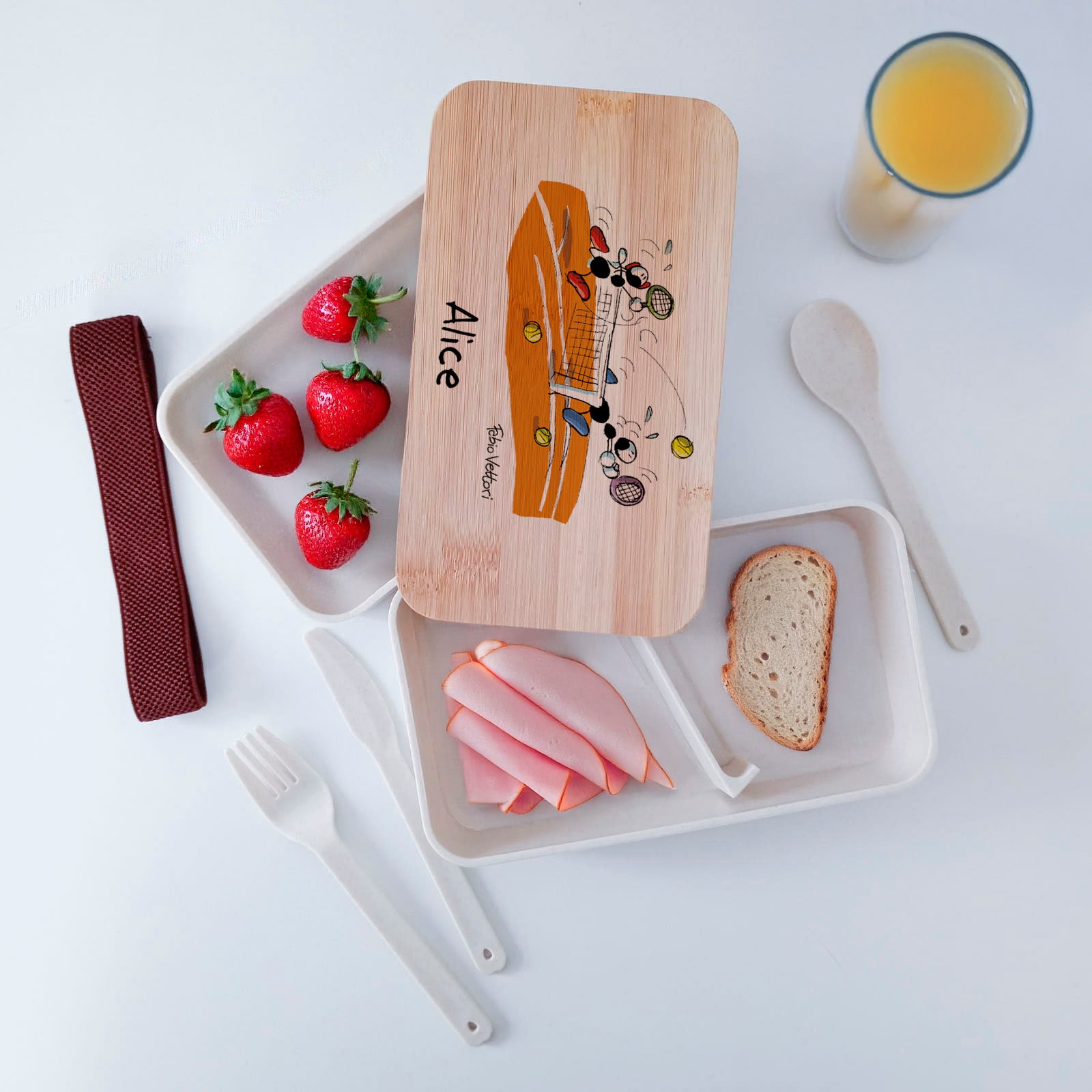 Scatola Porta Pranzo con coperchio in bambù e Posate Personalizzata soggetto "Tennis"