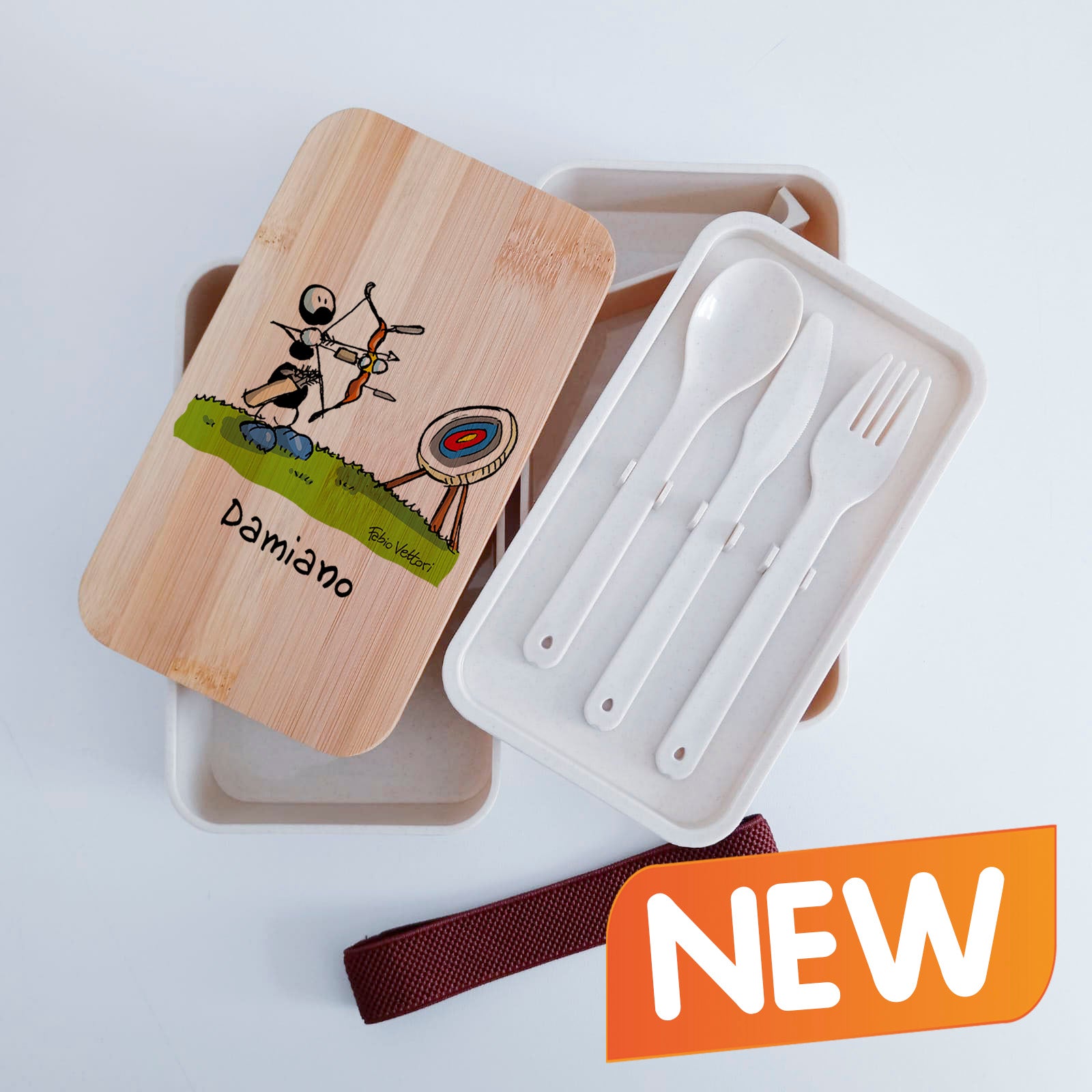 Scatola Porta Pranzo con coperchio in bambù e Posate Personalizzata soggetto "Tiro con l'arco"