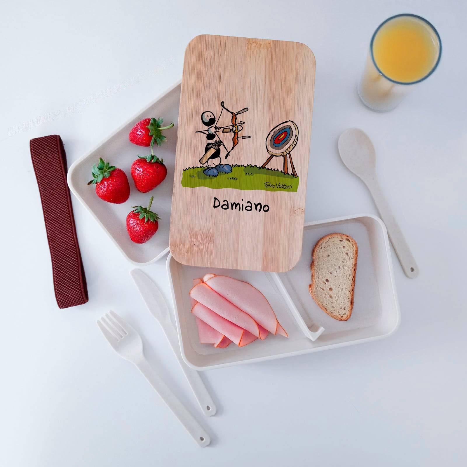 Scatola Porta Pranzo con coperchio in bambù e Posate Personalizzata soggetto "Tiro con l'arco"