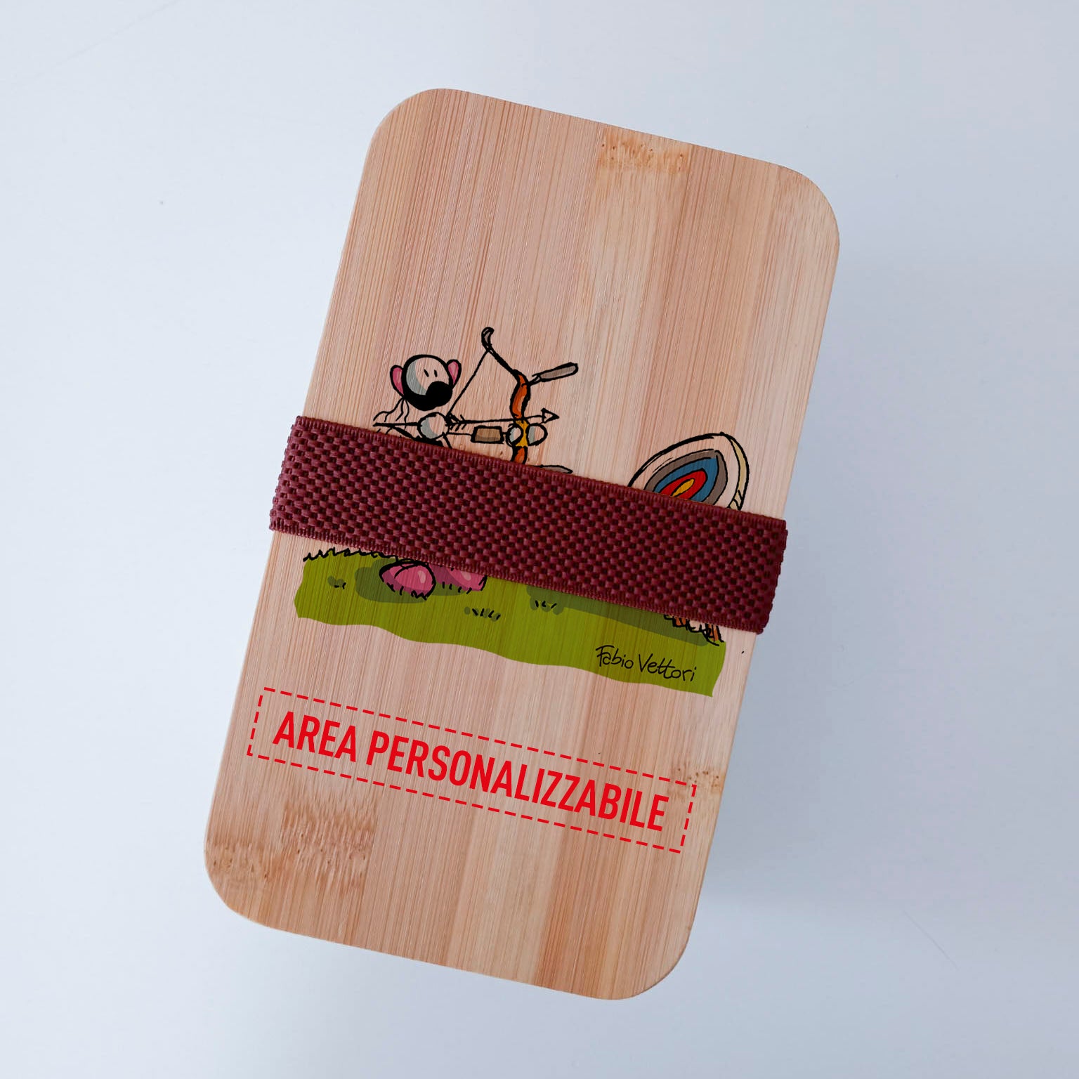 Scatola Porta Pranzo con coperchio in bambù e Posate Personalizzata soggetto "Tiro con l'arco"