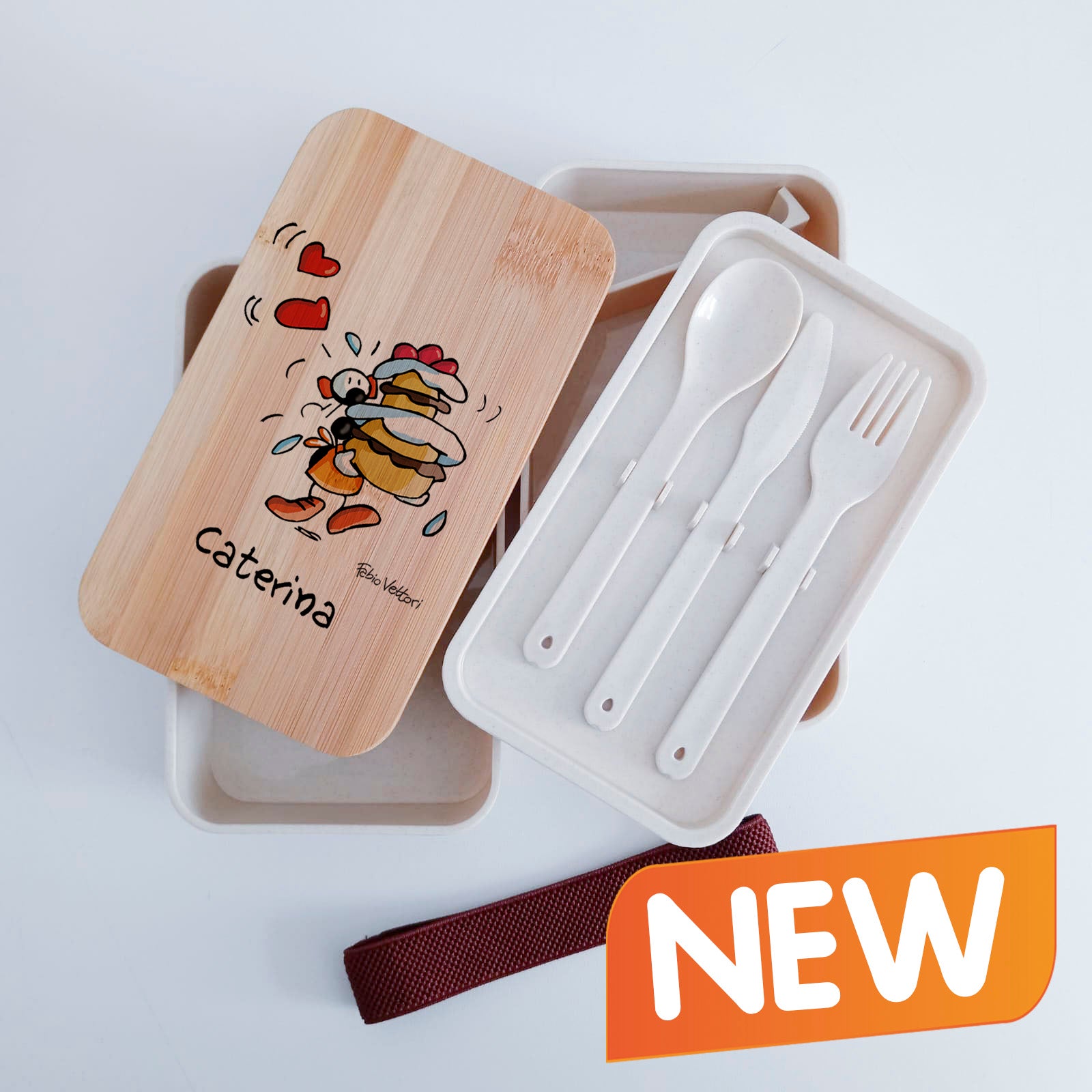 Scatola Porta Pranzo con coperchio in bambù e Posate Personalizzata soggetto "Torta"