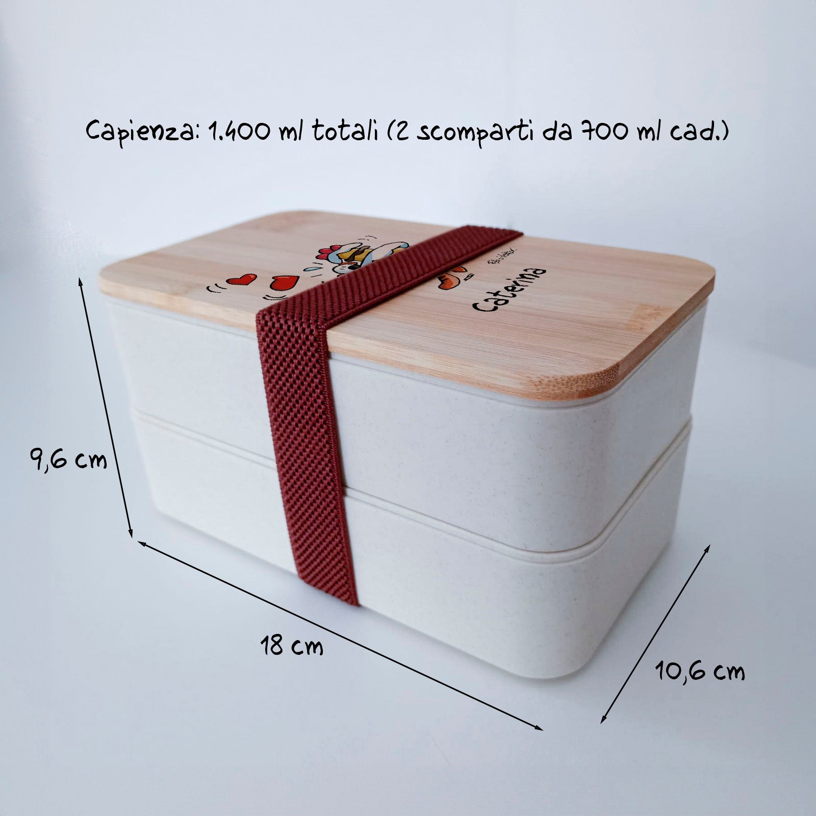 Scatola Porta Pranzo con coperchio in bambù e Posate Personalizzata soggetto "Torta"