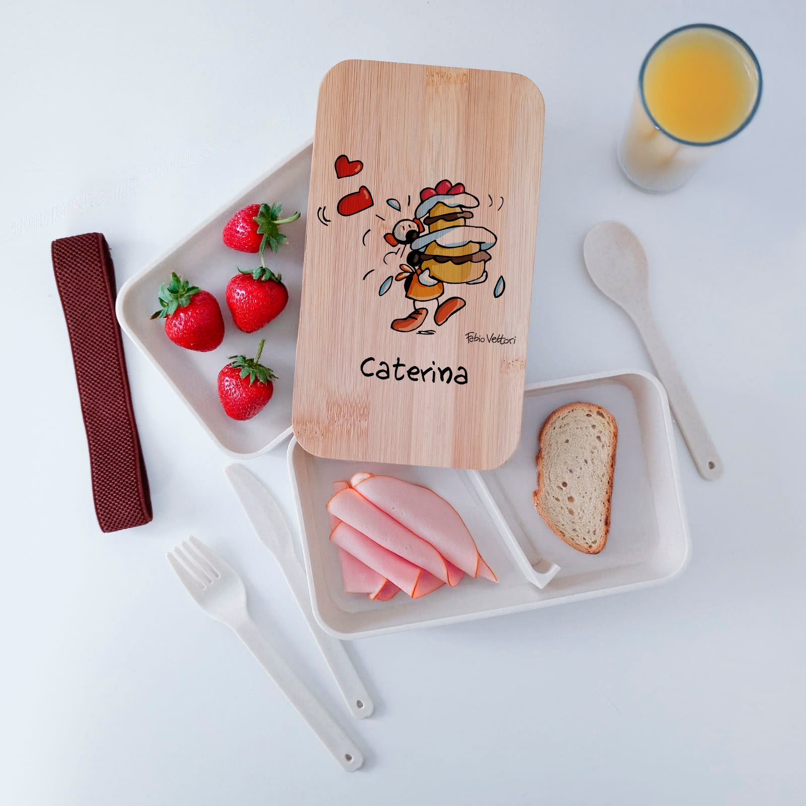 Scatola Porta Pranzo con coperchio in bambù e Posate Personalizzata soggetto "Torta"