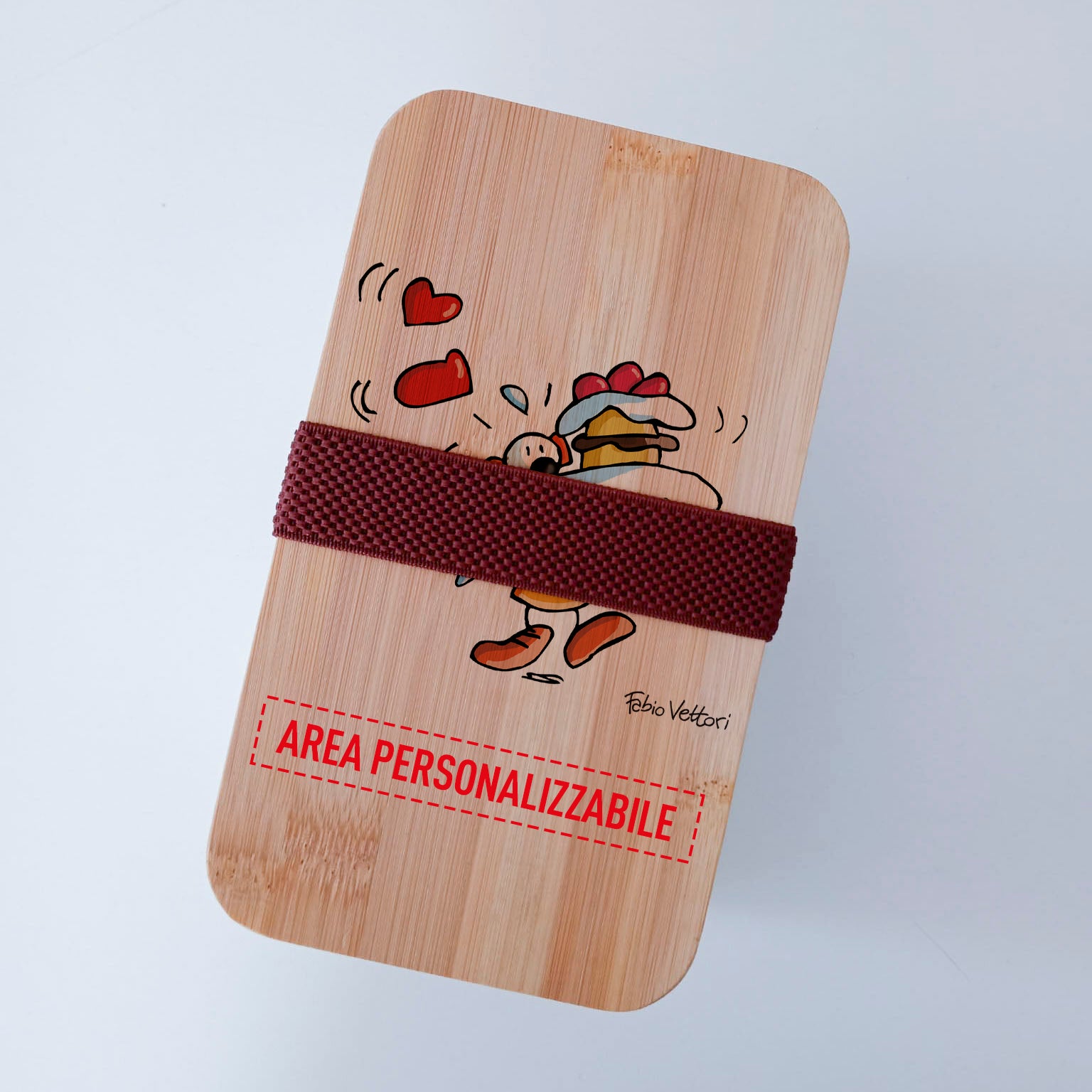 Scatola Porta Pranzo con coperchio in bambù e Posate Personalizzata soggetto "Torta"