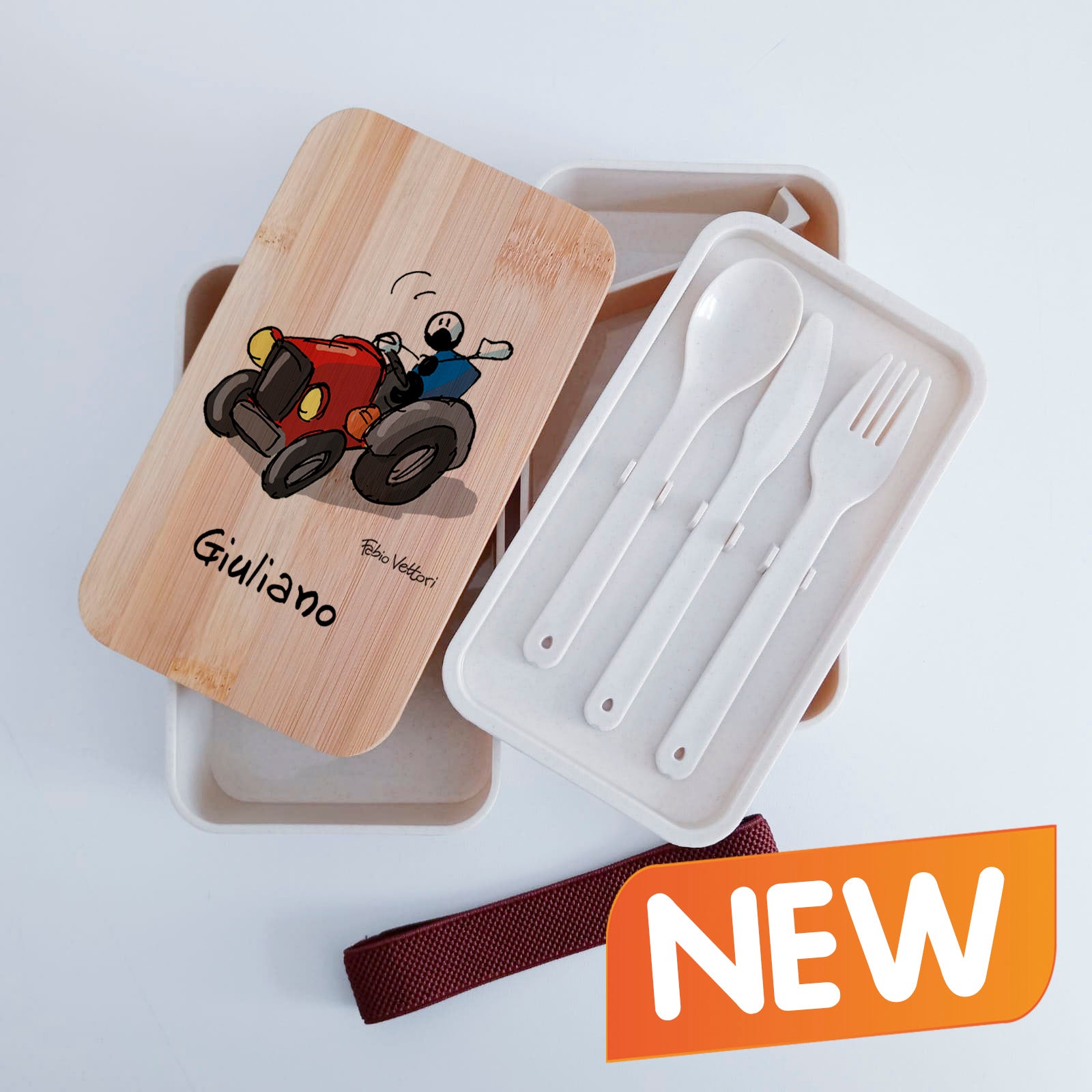 Scatola Porta Pranzo con coperchio in bambù e Posate Personalizzata soggetto "Trattore"