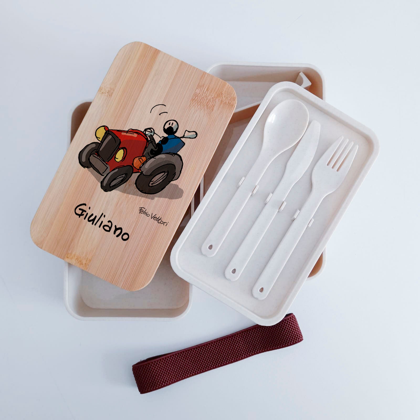 Scatola Porta Pranzo con coperchio in bambù e Posate Personalizzata soggetto "Trattore"
