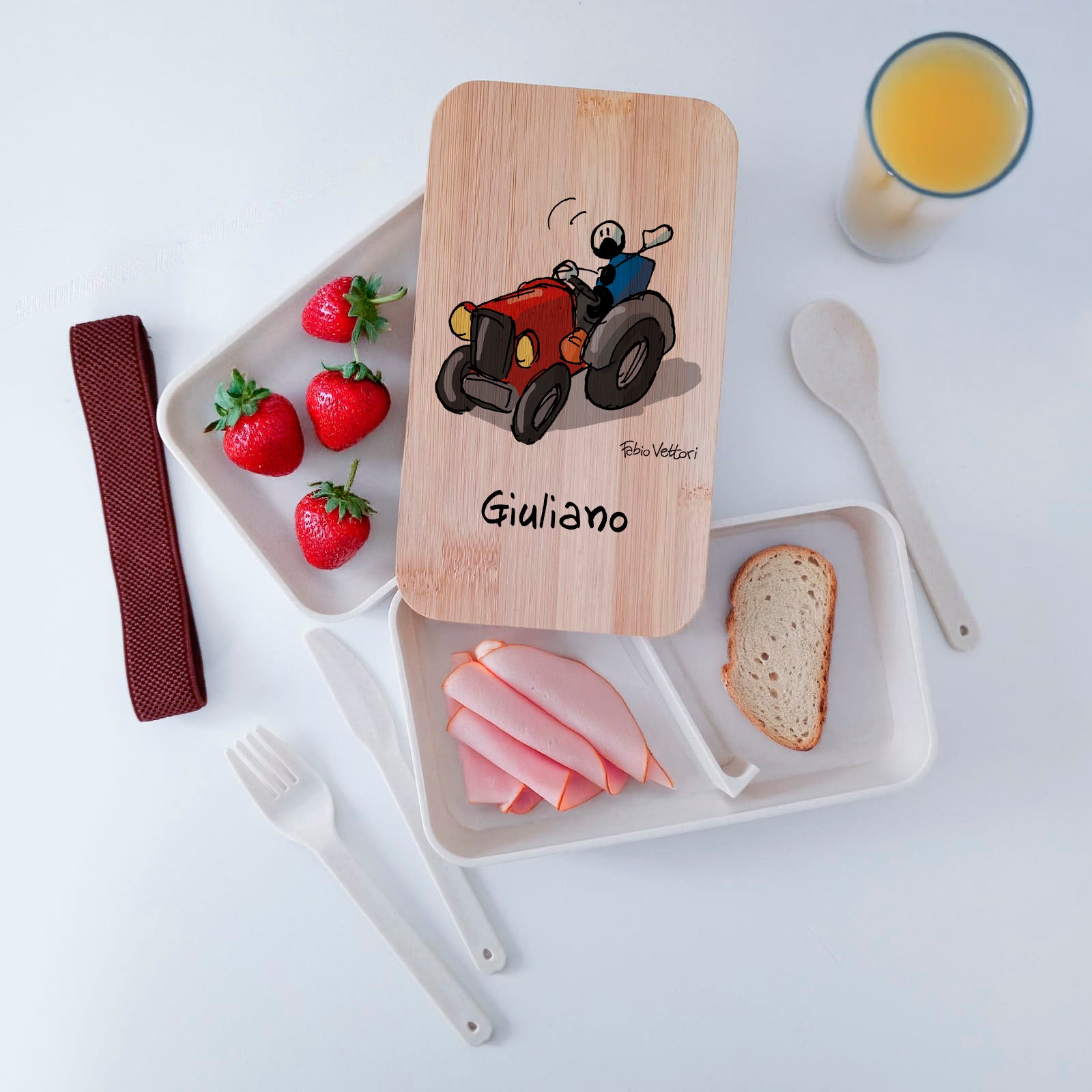 Scatola Porta Pranzo con coperchio in bambù e Posate Personalizzata soggetto "Trattore"