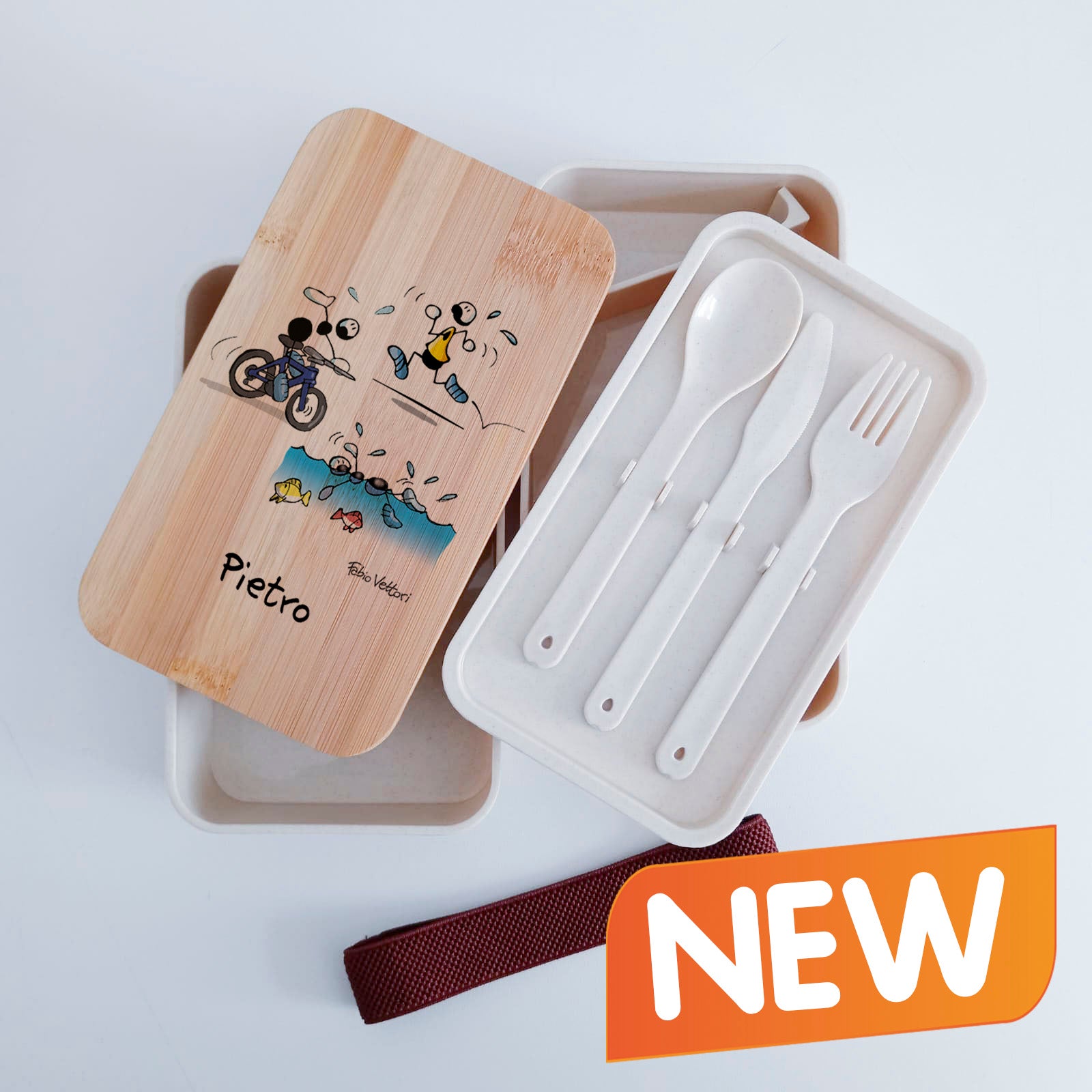 Scatola Porta Pranzo con coperchio in bambù e Posate Personalizzata soggetto "Triathlon"