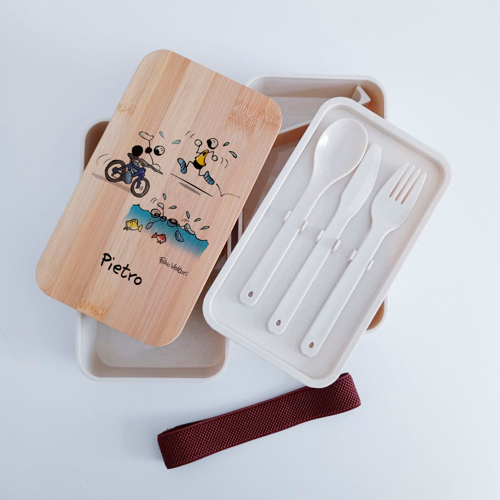 Scatola Porta Pranzo con coperchio in bambù e Posate Personalizzata soggetto "Triathlon"