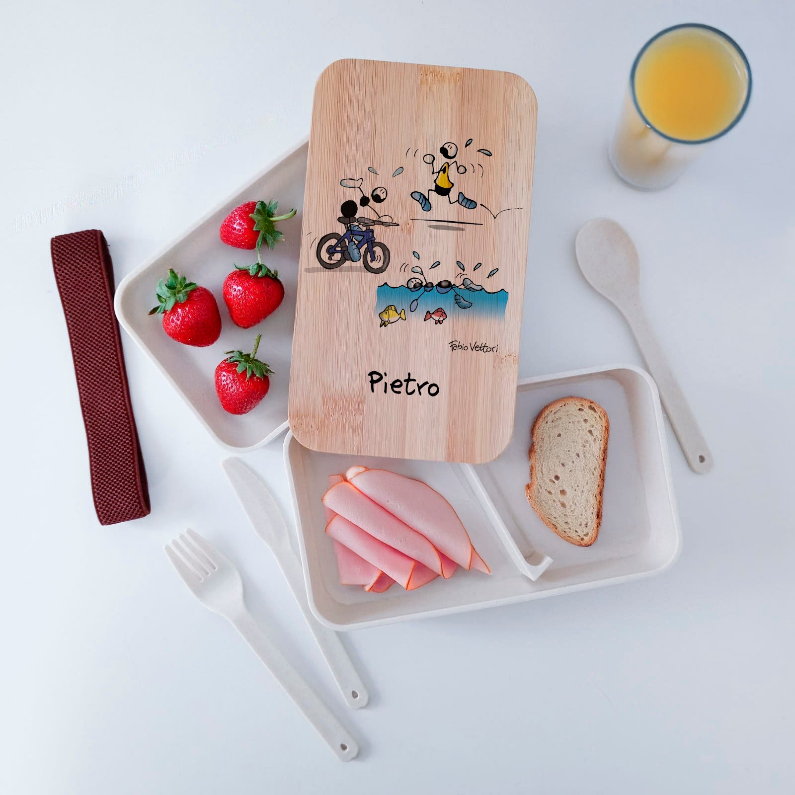Scatola Porta Pranzo con coperchio in bambù e Posate Personalizzata soggetto "Triathlon"