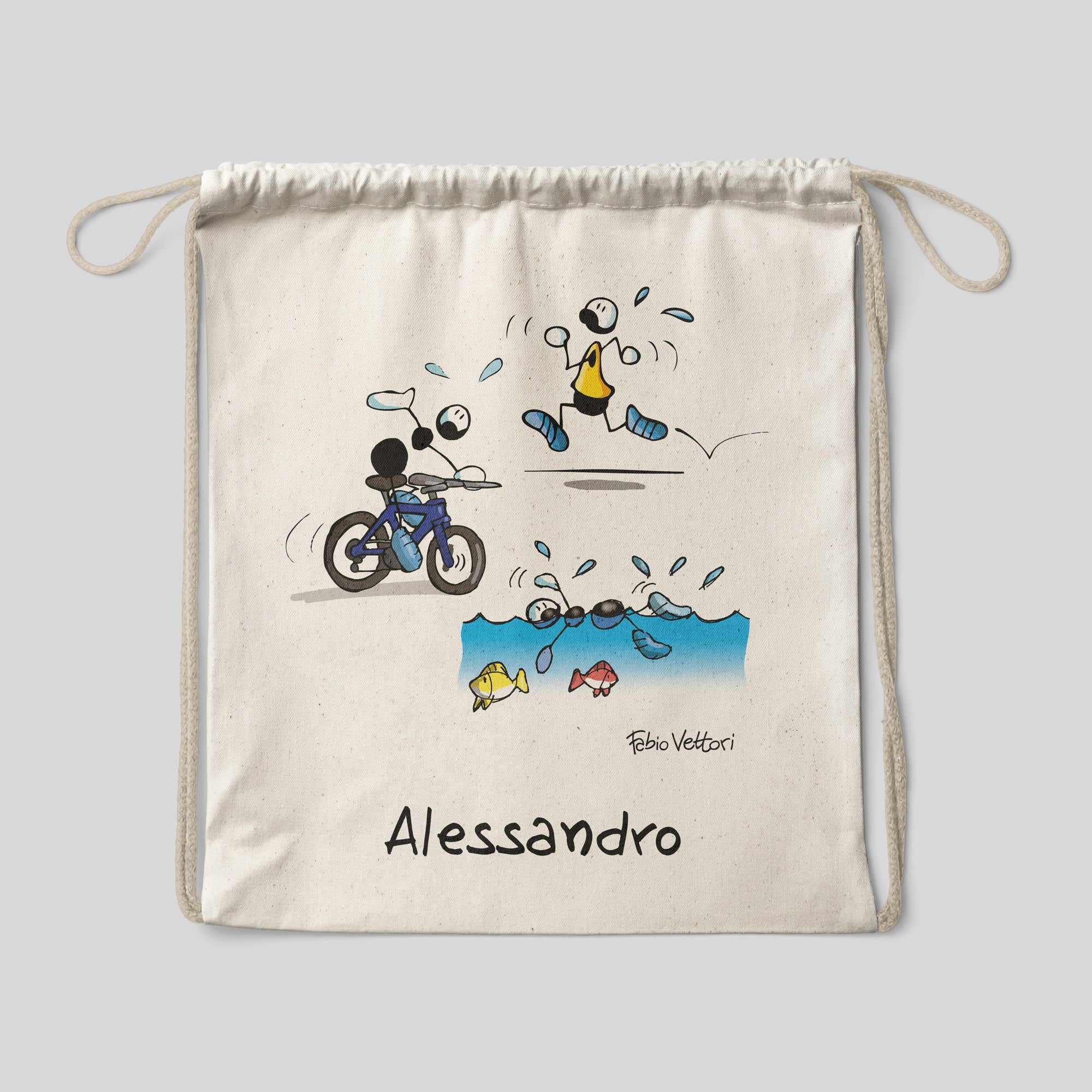 Personalized cotton backpack bag with "Triathlon" design