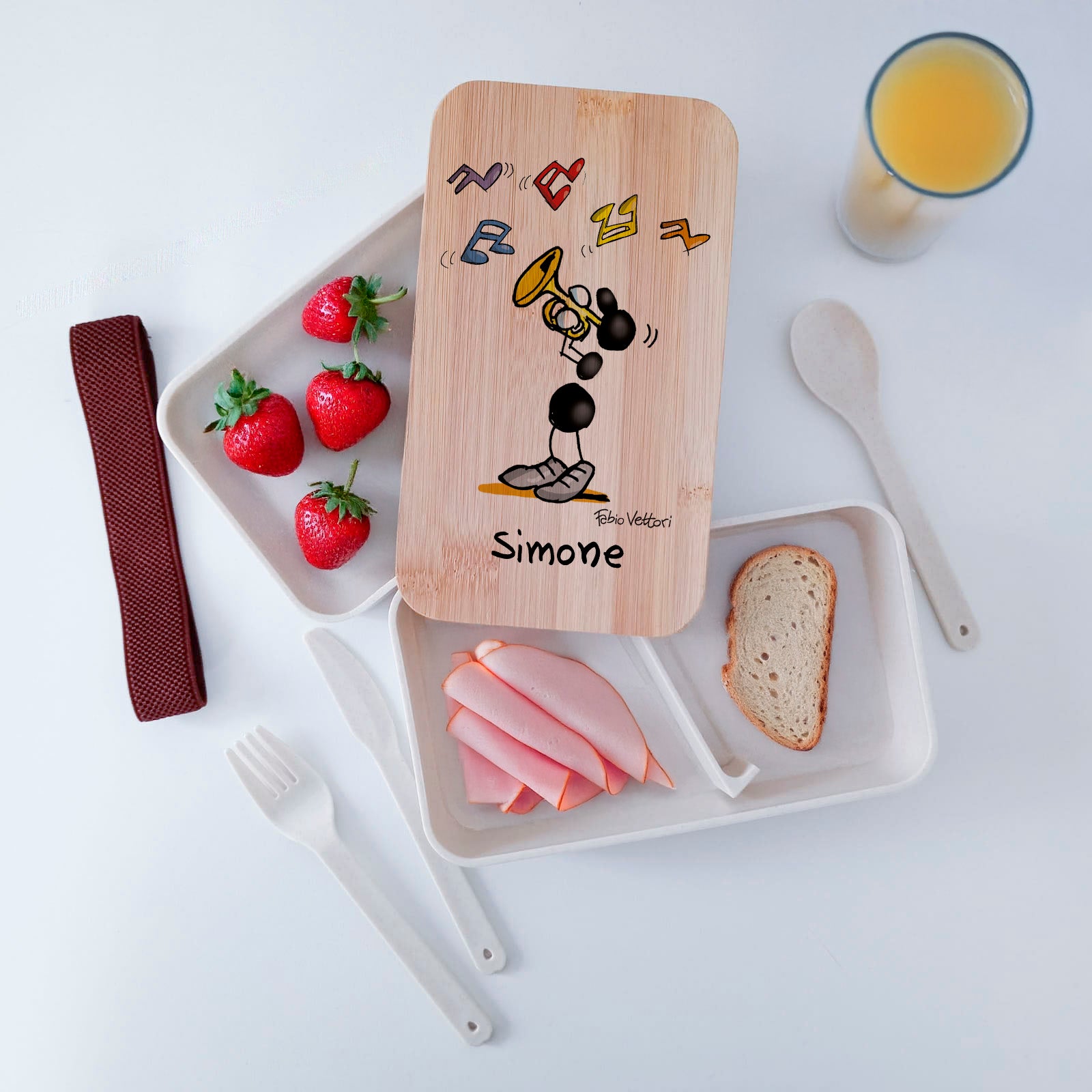 Scatola Porta Pranzo con coperchio in bambù e Posate Personalizzata soggetto "Tromba"