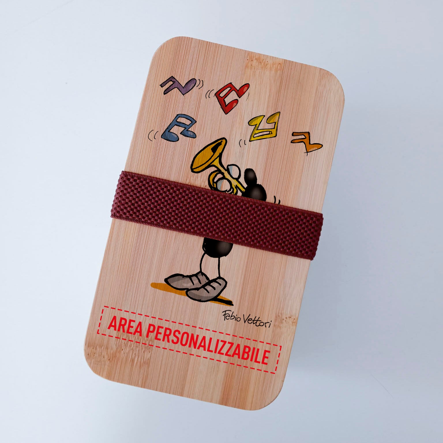 Scatola Porta Pranzo con coperchio in bambù e Posate Personalizzata soggetto "Tromba"