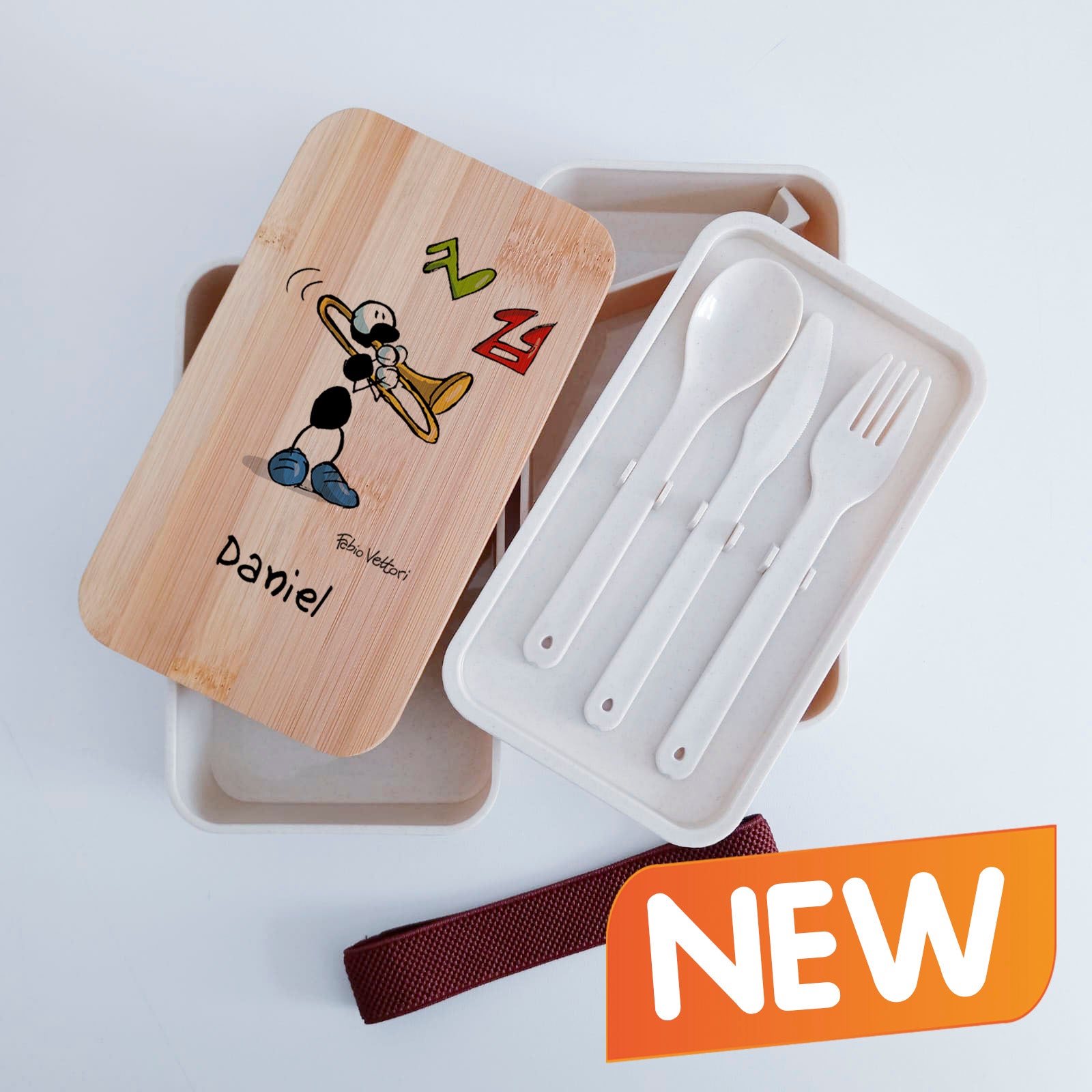 Scatola Porta Pranzo con coperchio in bambù e Posate Personalizzata soggetto "Trombone"