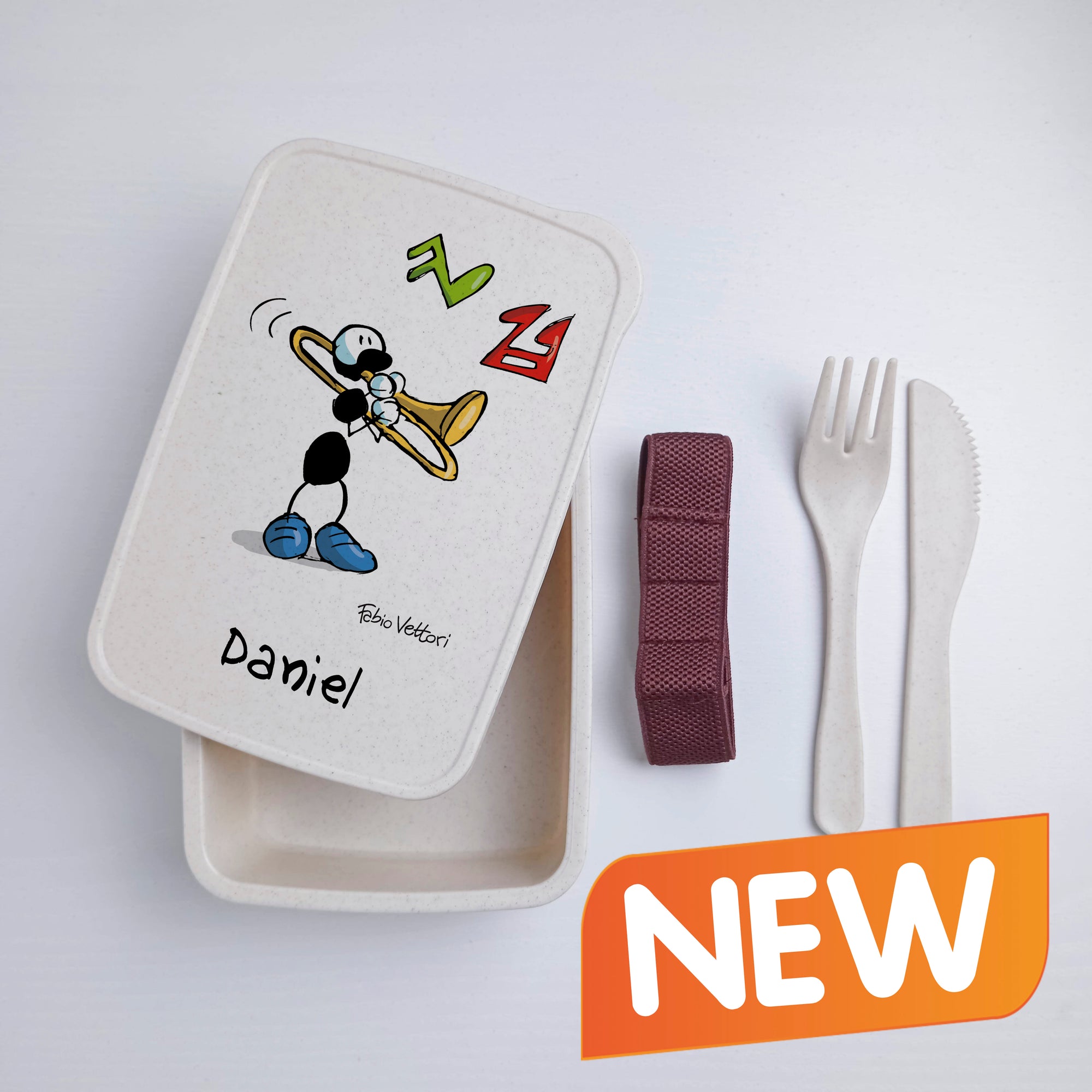 Scatola Porta Pranzo con Fascia Porta Posate Personalizzata soggetto "Trombone"