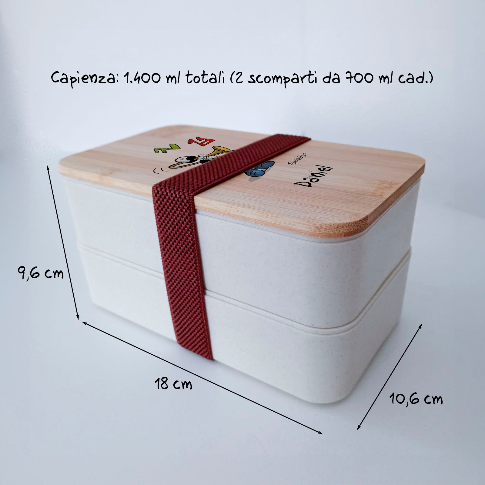 Scatola Porta Pranzo con coperchio in bambù e Posate Personalizzata soggetto "Trombone"