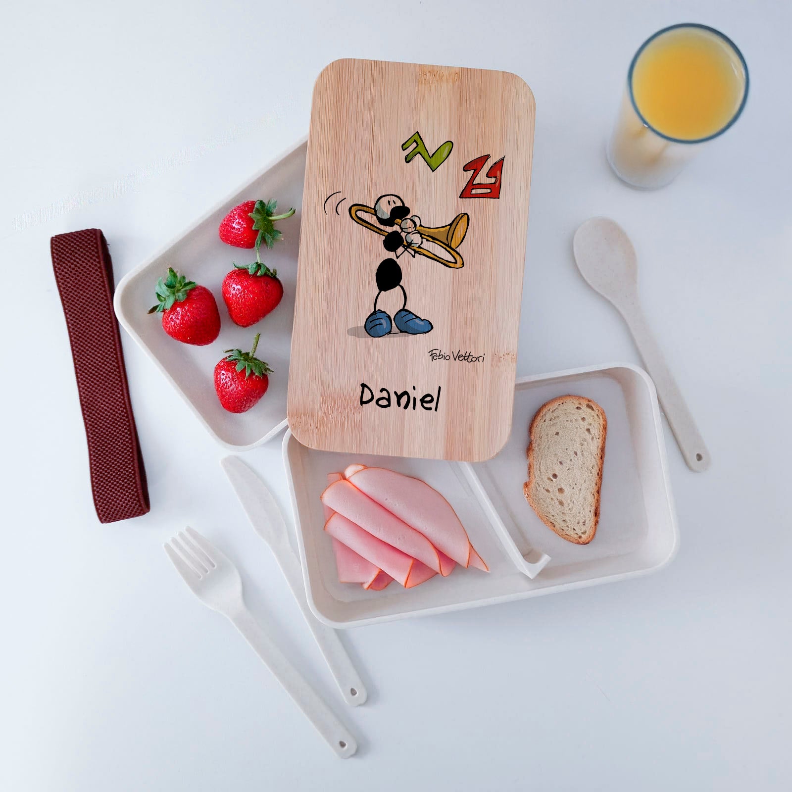 Scatola Porta Pranzo con coperchio in bambù e Posate Personalizzata soggetto "Trombone"