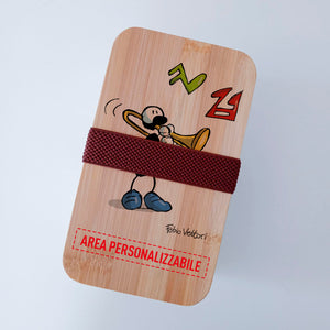 Scatola Porta Pranzo con coperchio in bambù e Posate Personalizzata soggetto "Trombone"