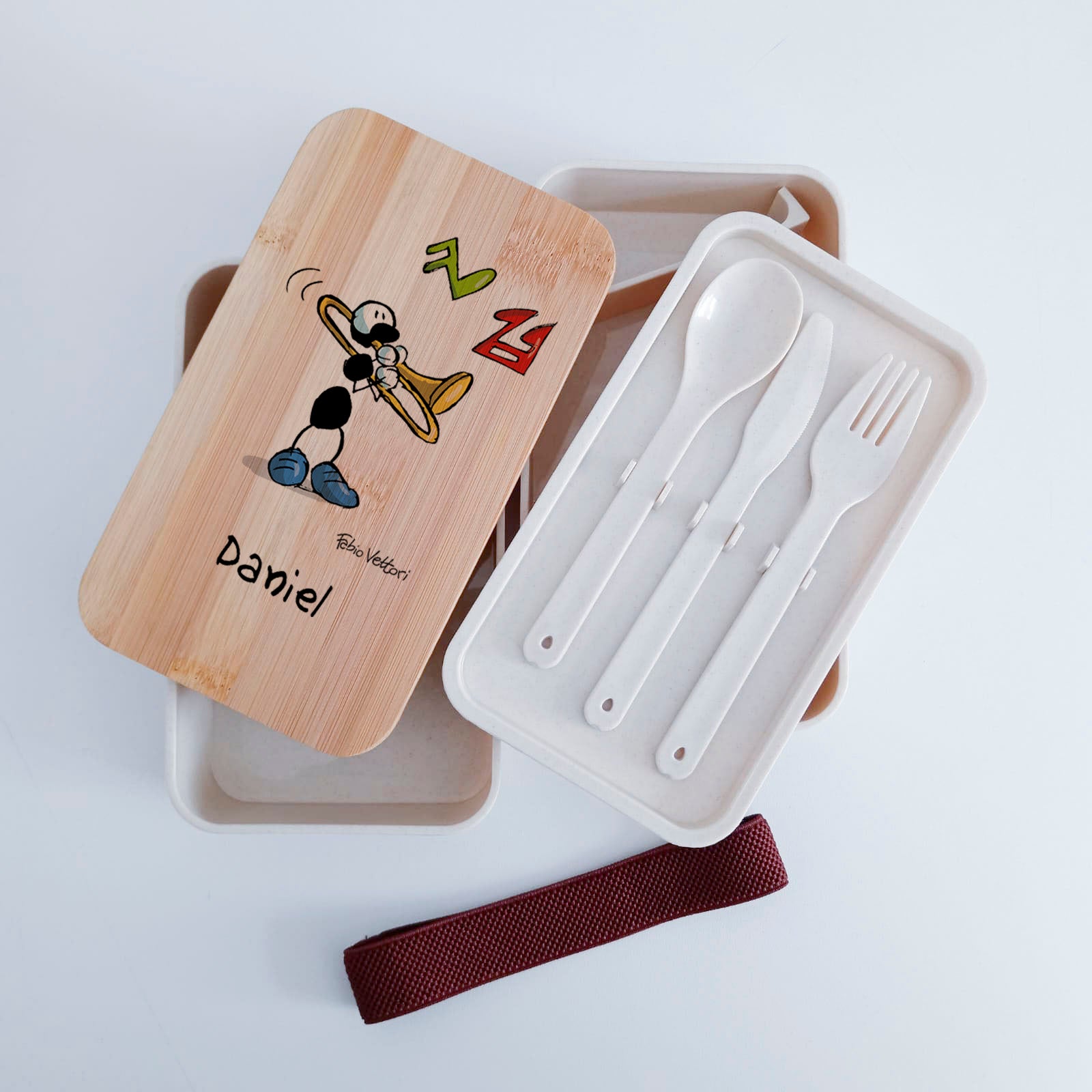 Scatola Porta Pranzo con coperchio in bambù e Posate Personalizzata soggetto "Trombone"