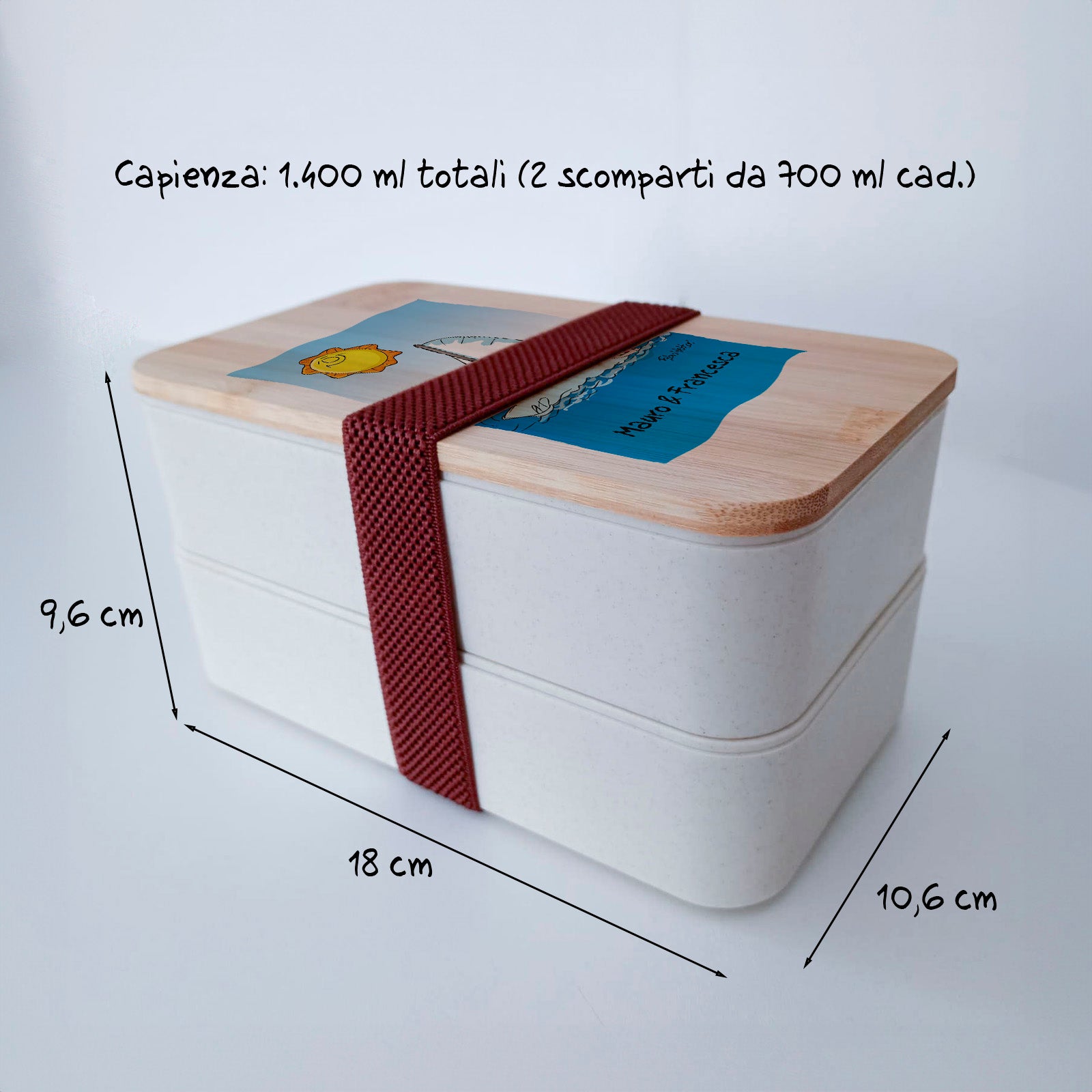 Scatola Porta Pranzo con coperchio in bambù e Posate Personalizzata soggetto "Barca a vela"