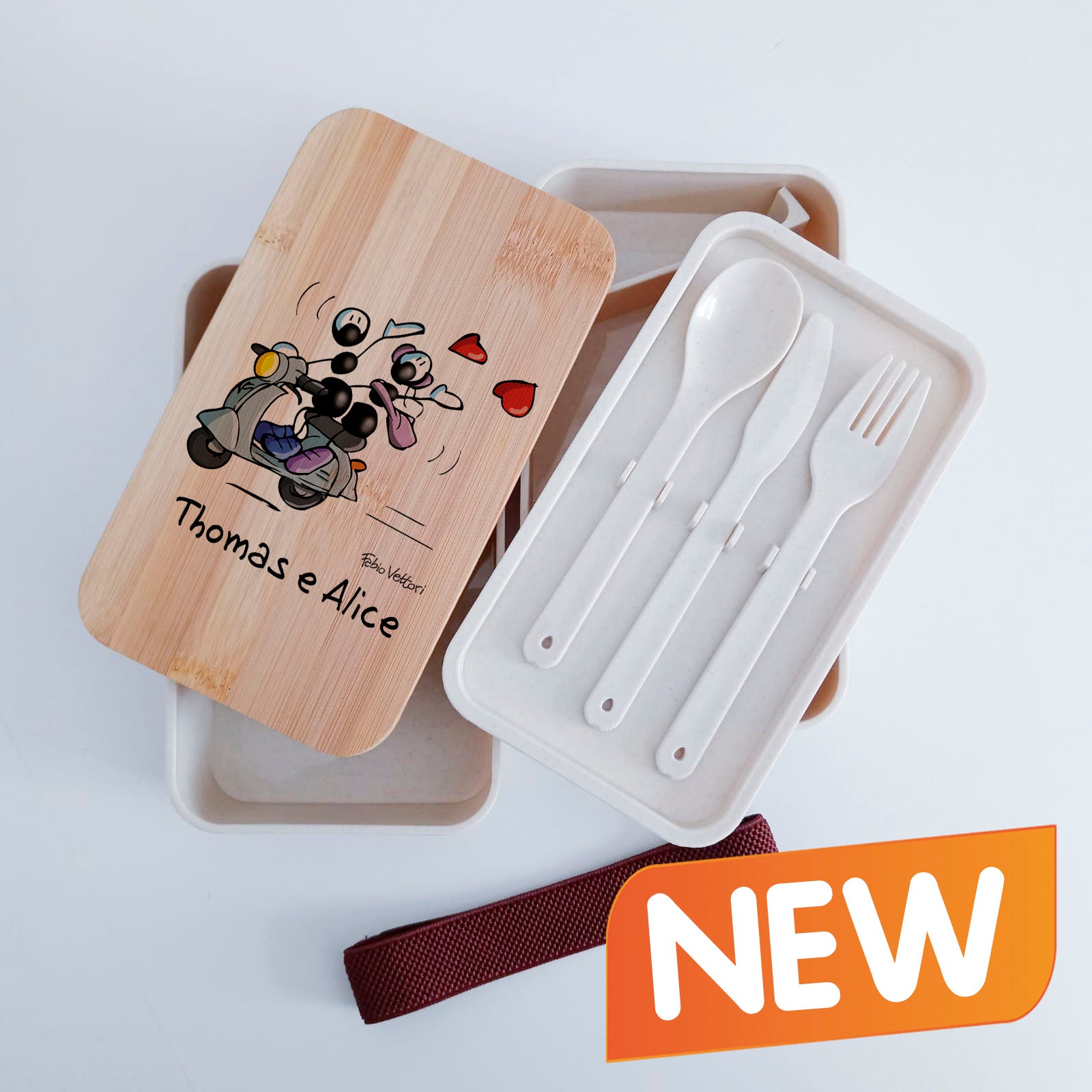 Scatola Porta Pranzo con coperchio in bambù e Posate Personalizzata soggetto "Vespa"