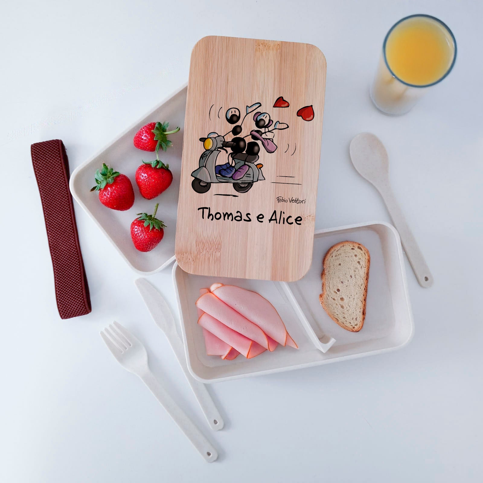 Scatola Porta Pranzo con coperchio in bambù e Posate Personalizzata soggetto "Vespa"