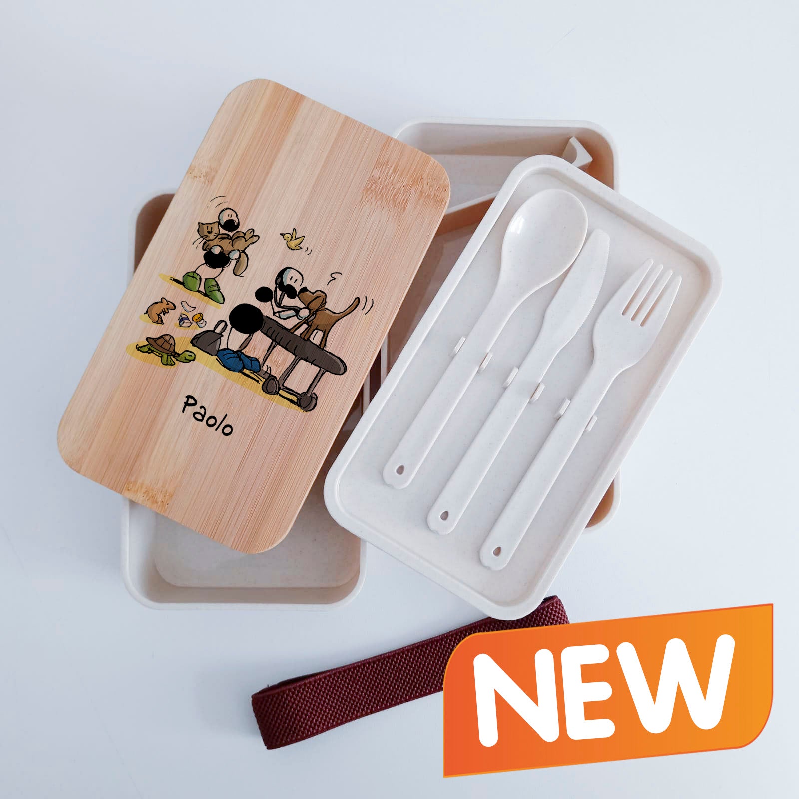 Scatola Porta Pranzo con coperchio in bambù e Posate Personalizzata soggetto "Veterinari"
